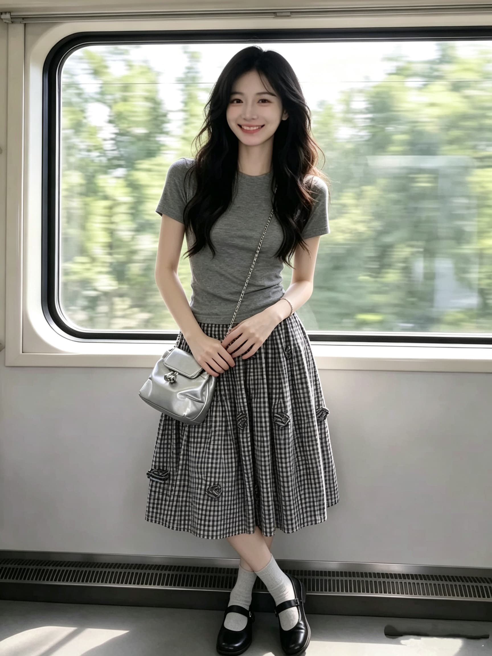 한 부서 디자인 센스 캐주얼 스포츠 슈트 여성 여름 허리 수축 긍정적 인 어깨 반팔 티셔츠 체크무늬 중간 길이 스커트 투피스 세트