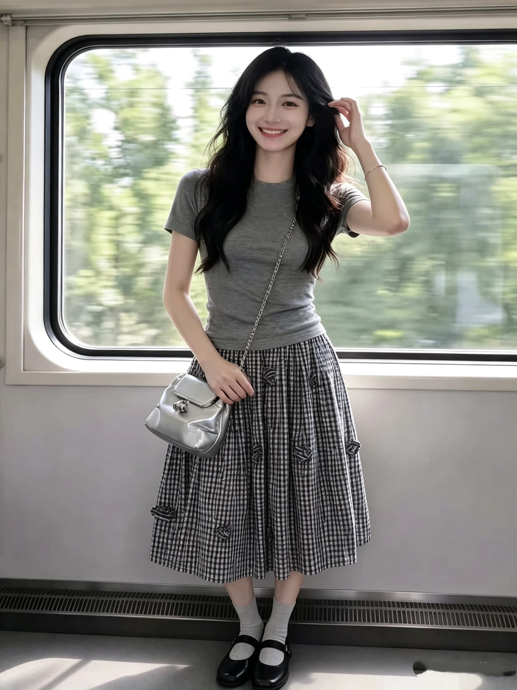 한 부서 디자인 센스 캐주얼 스포츠 슈트 여성 여름 허리 수축 긍정적 인 어깨 반팔 티셔츠 체크무늬 중간 길이 스커트 투피스 세트 이미지 3