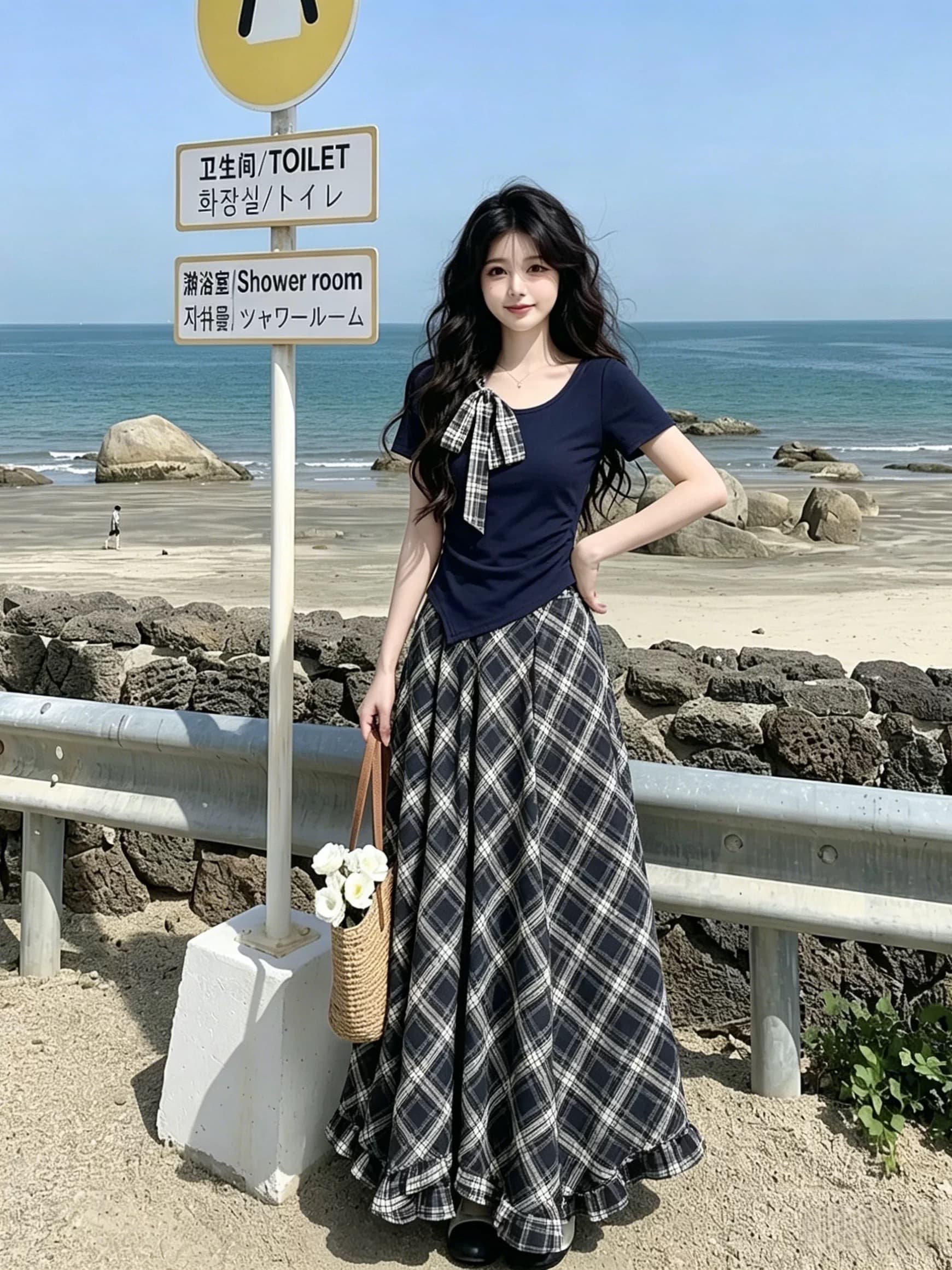 패션 세트 여성 여름 2026 새로운 학원 스타일 불규칙 반팔 티셔츠 맨위 체크무늬 반신 스커트 투피스 세트 상세 이미지 1