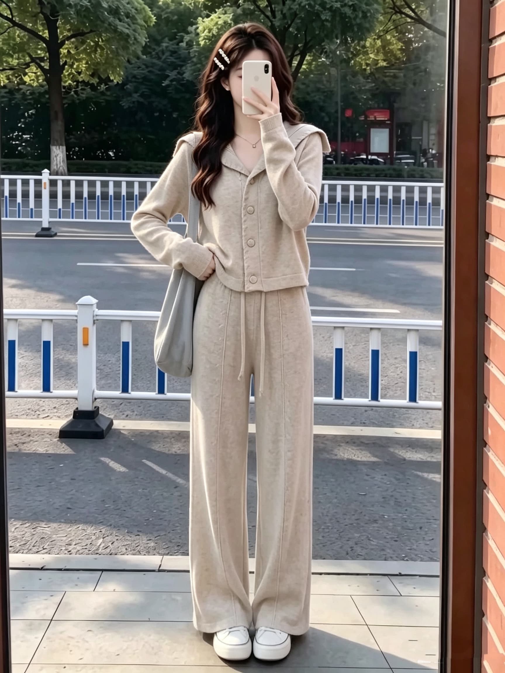 고급 센스 이른 가을 꽈배기 해군 칼라 니트 오픈 가디건 세트 여성 레저 하이웨이스트 와이드 레그 팬츠 투피스 세트 이미지 3