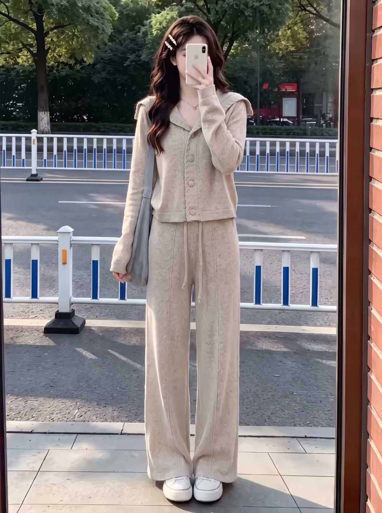 고급 센스 이른 가을 꽈배기 해군 칼라 니트 오픈 가디건 세트 여성 레저 하이웨이스트 와이드 레그 팬츠 투피스 세트 이미지 2