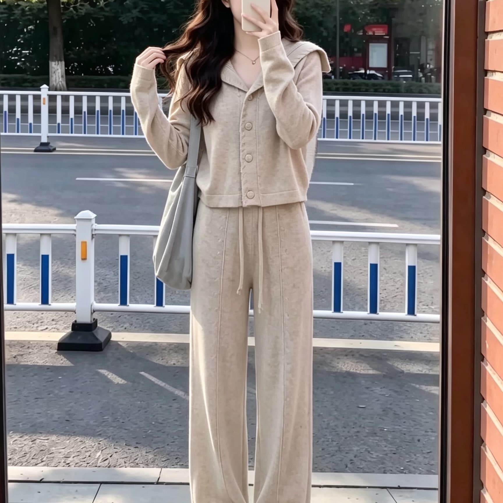 고급 센스 이른 가을 꽈배기 해군 칼라 니트 오픈 가디건 세트 여성 레저 하이웨이스트 와이드 레그 팬츠 투피스 세트 이미지 5