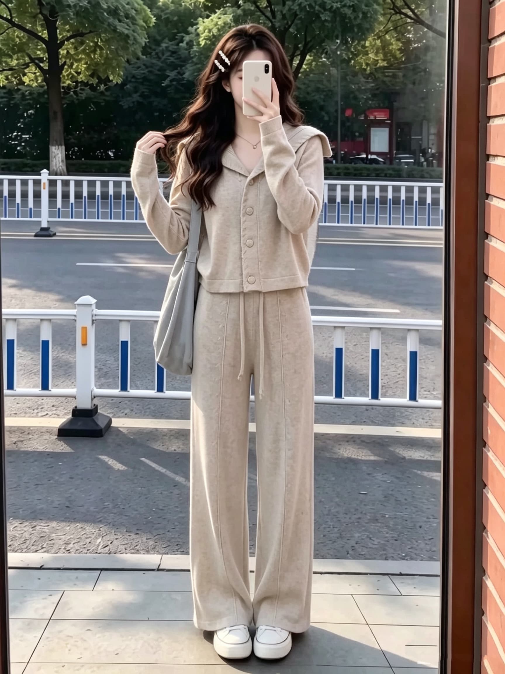 고급 센스 이른 가을 꽈배기 해군 칼라 니트 오픈 가디건 세트 여성 레저 하이웨이스트 와이드 레그 팬츠 투피스 세트 상세 이미지 2