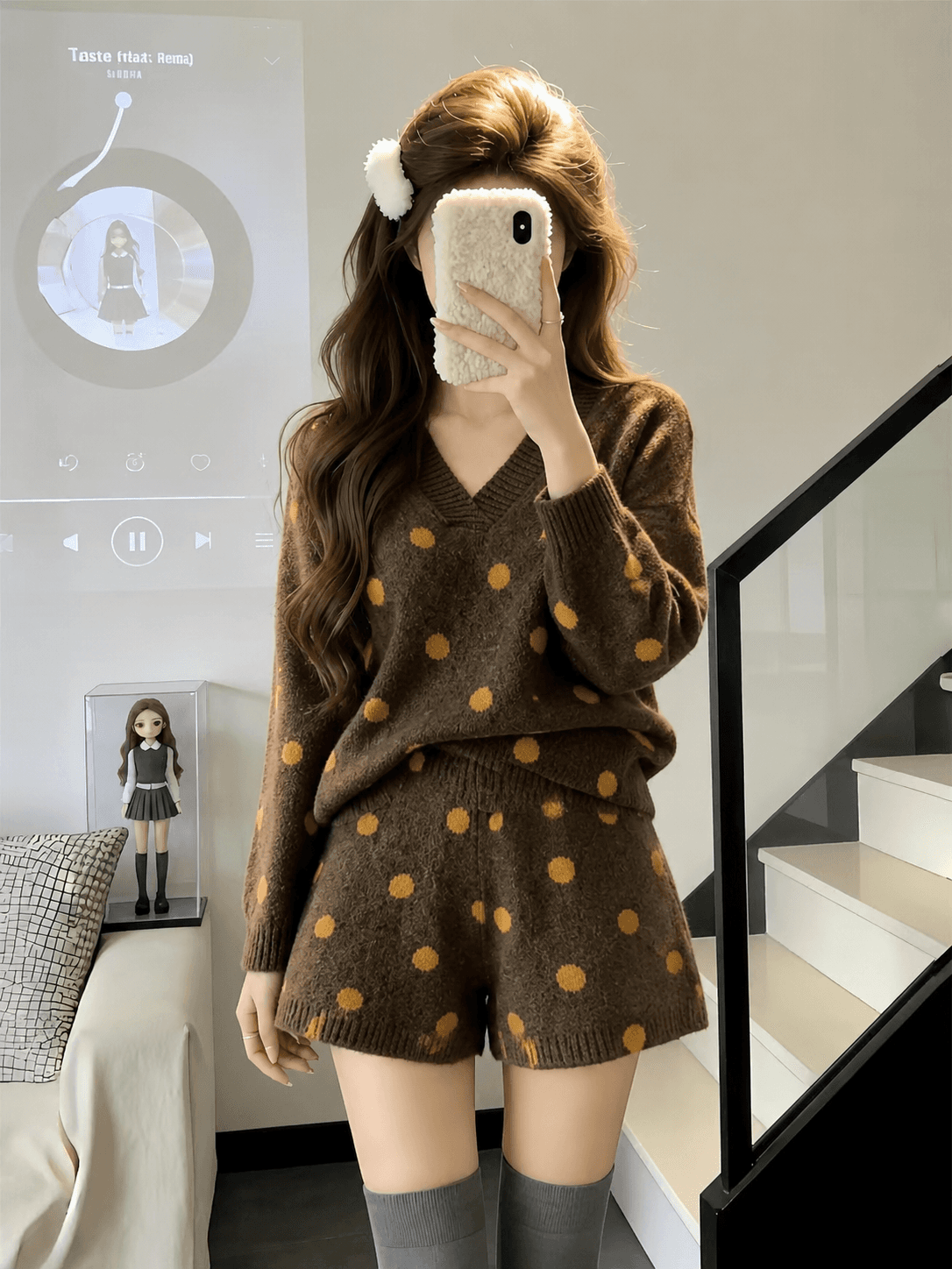 프랑스식 작은 샤넬 스타일 회색 니트 세트 여성 새로운 가을 겨울 착용 가져 가라. 슬림해 보이는 도트 무늬 맨위 반바지 투피스 세트