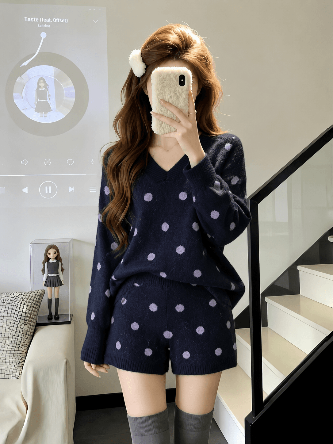 프랑스식 작은 샤넬 스타일 회색 니트 세트 여성 새로운 가을 겨울 착용 가져 가라. 슬림해 보이는 도트 무늬 맨위 반바지 투피스 세트 이미지 3