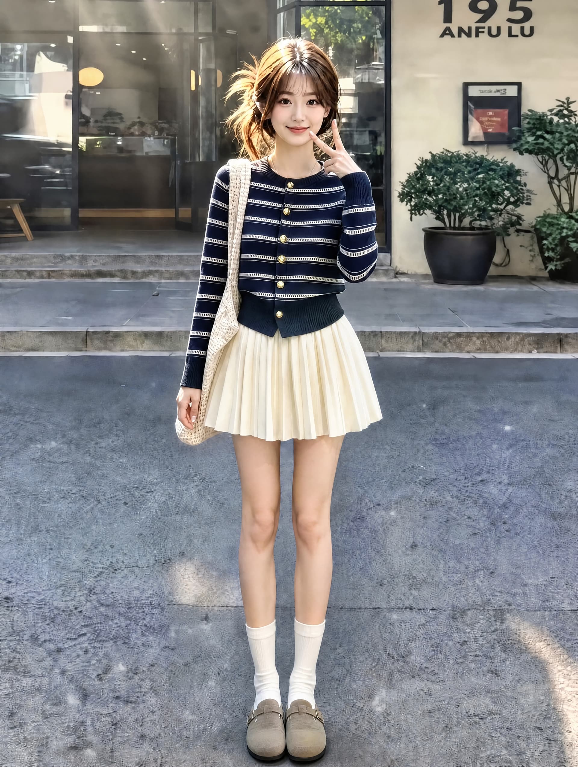 한 바람 chic 전체 집합 고유 한 아름다운 자이언트 잘 생긴 스트라이프 니트 오픈 가디건 한 마디 미니 스커트 투피스 슈트 26 가을 상세 이미지 1