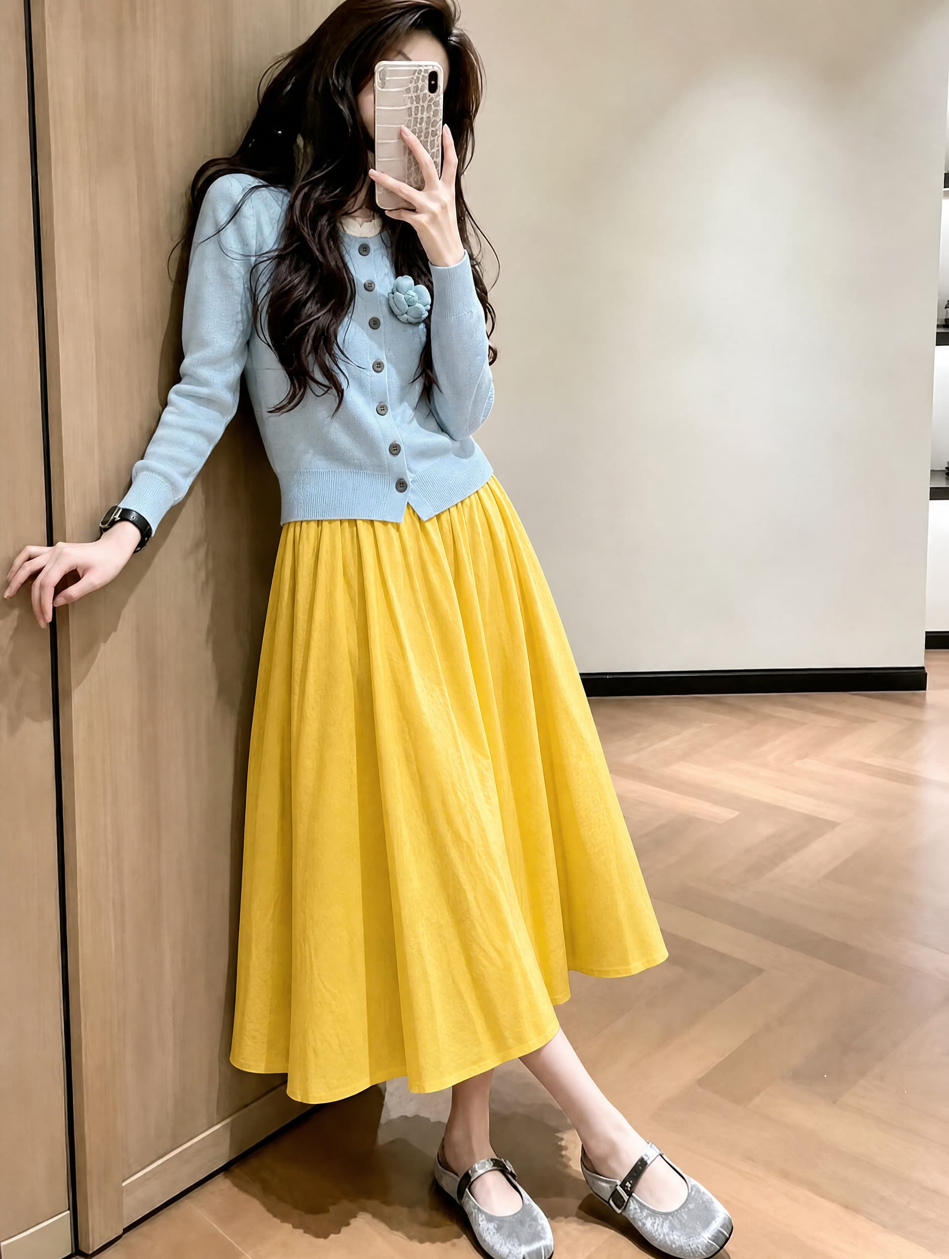 한 부서 전체 집합 ootd 착용 가져 가라. 부드러운 바람 페이크 레이어드 파란색 니트 오픈 가디건 반신 스커트 이른 가을 아름다운 세트 상세 이미지 2