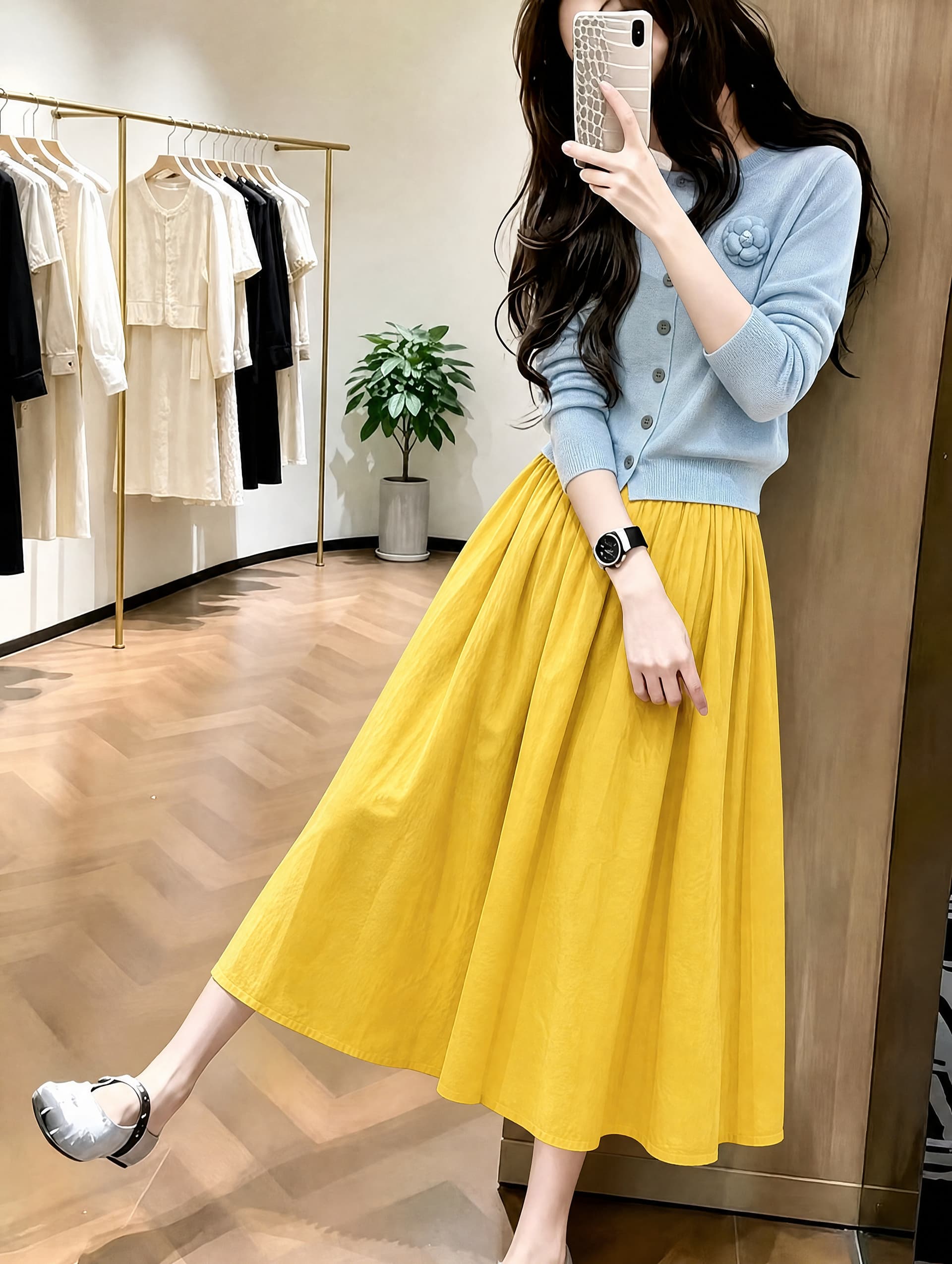 한 부서 전체 집합 ootd 착용 가져 가라. 부드러운 바람 페이크 레이어드 파란색 니트 오픈 가디건 반신 스커트 이른 가을 아름다운 세트 상세 이미지 3