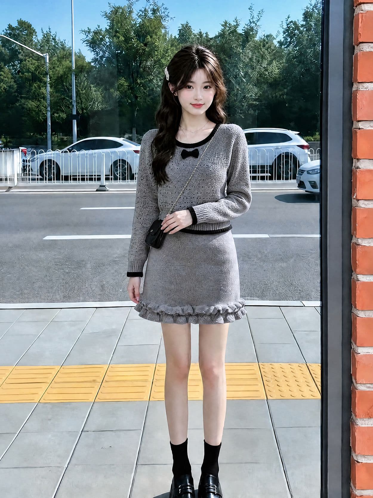 자이언트 잘 생긴 ~ 중 가을 겨울 한 부서 전체 집합 작은 키 회색 스웨터 반신 치마 작은 샤넬 스타일 세트 여성 겨울 이미지 4