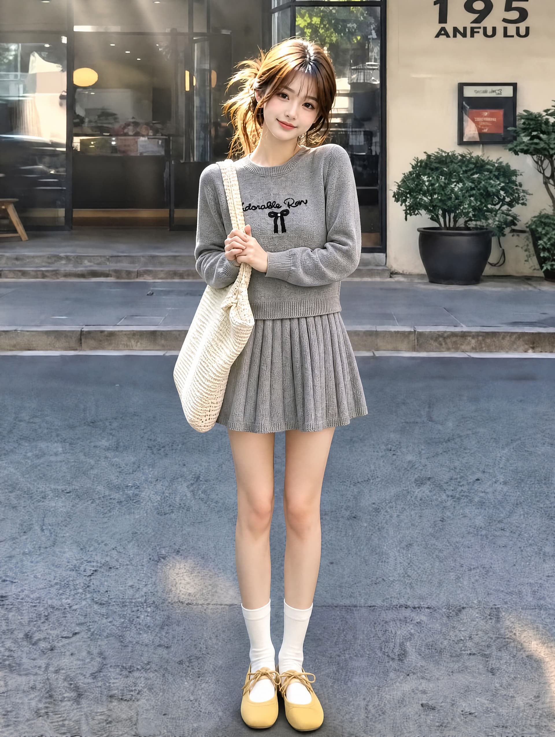가을 겨울 새로운 알파벳 나비 매듭 풀오버 두 조각 여성 세트 전체 집합 플리츠 미니 스커트 슬림해 보이는 니트 세트 상세 이미지 3