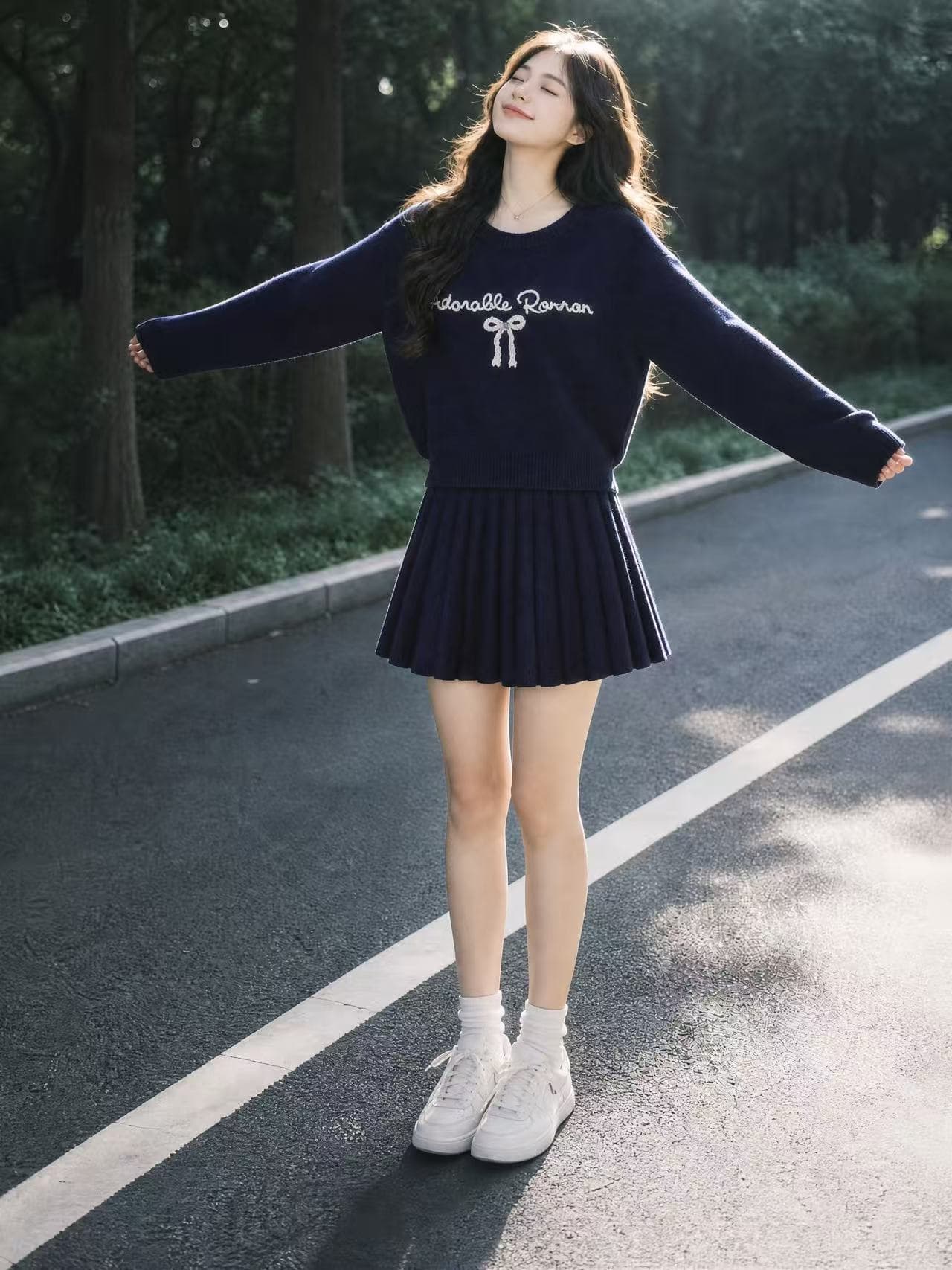 가을 겨울 새로운 알파벳 나비 매듭 풀오버 두 조각 여성 세트 전체 집합 플리츠 미니 스커트 슬림해 보이는 니트 세트