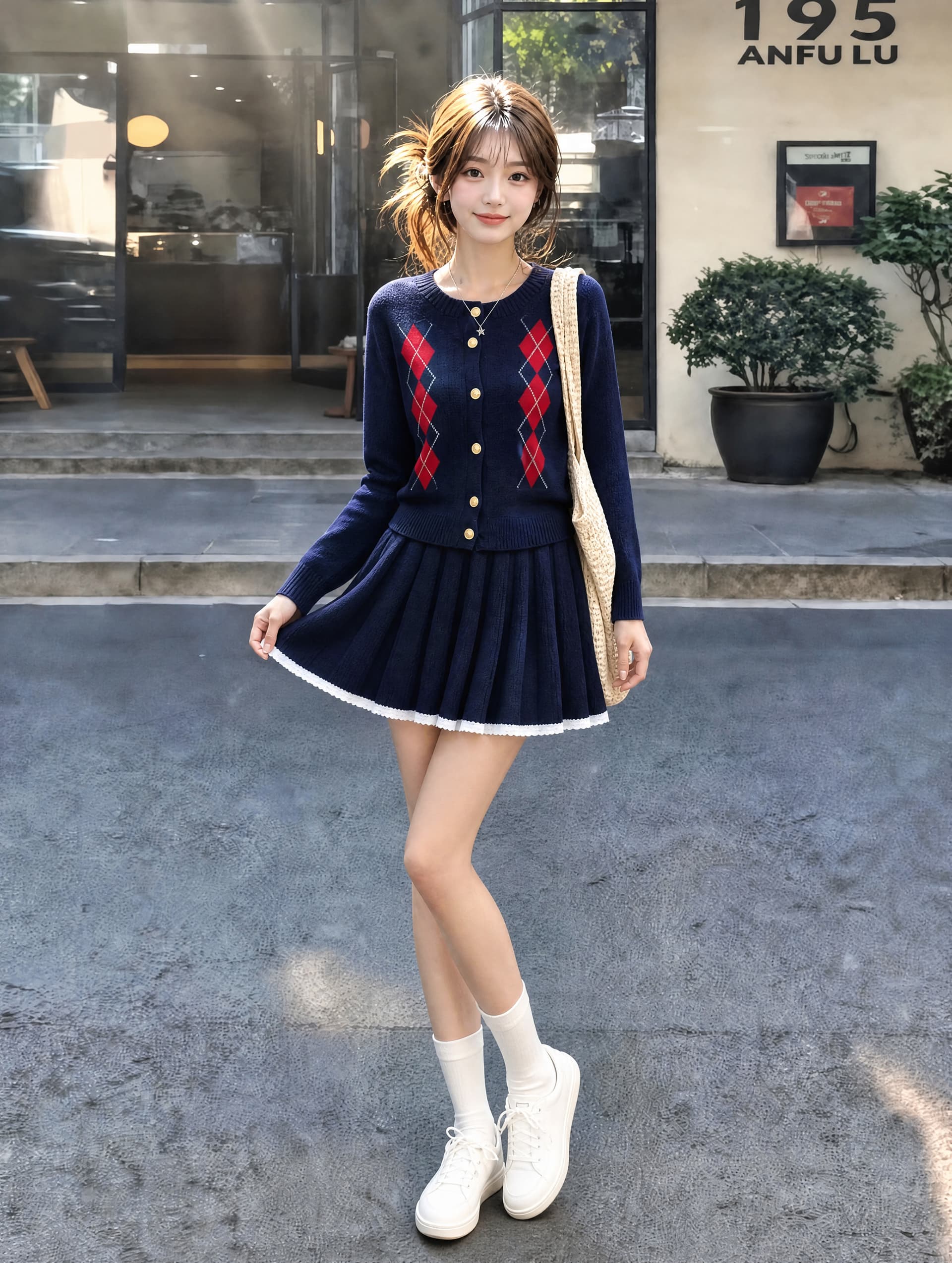 가을 새로운 학원 스타일 레트로 다이아몬드 모양 그리드 긴팔 니트 카디건 코트 플리츠 미니 스커트 투피스 세트 상세 이미지 1