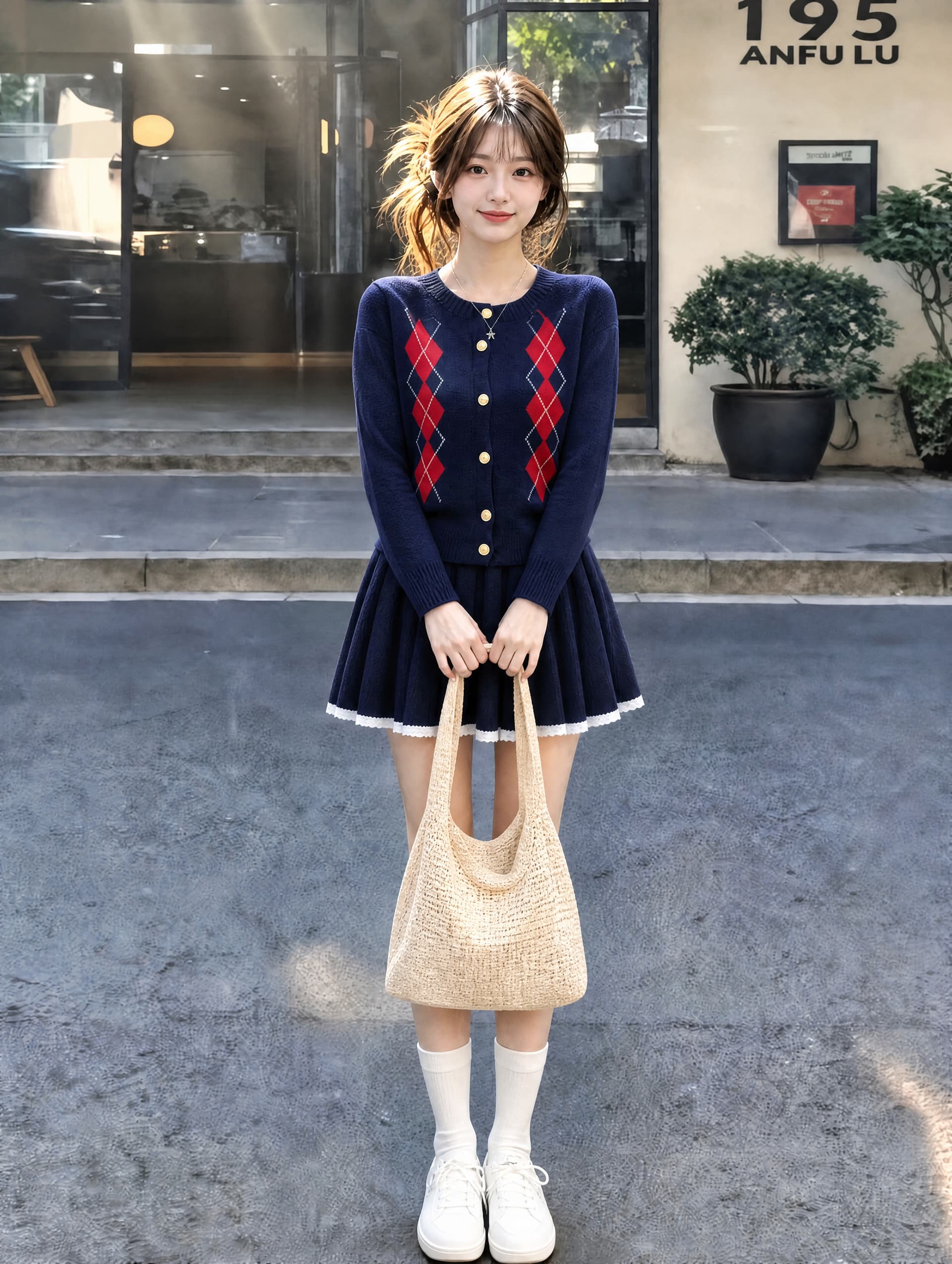 가을 새로운 학원 스타일 레트로 다이아몬드 모양 그리드 긴팔 니트 카디건 코트 플리츠 미니 스커트 투피스 세트 상세 이미지 3