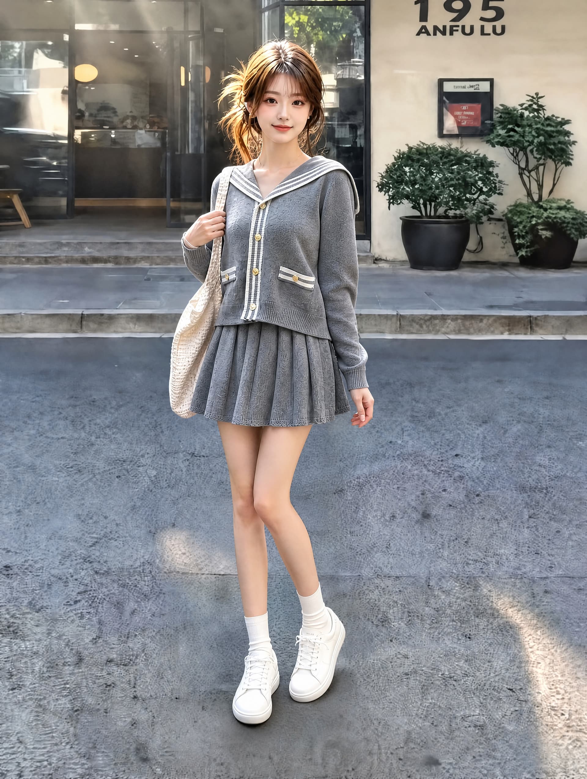 해군 칼라 니트 miu 부서 학원 스타일 오픈 가디건 2026 가을 새로운 연령 감소 슬림해 보이는 플리츠 치마 세트 여성 상세 이미지 2