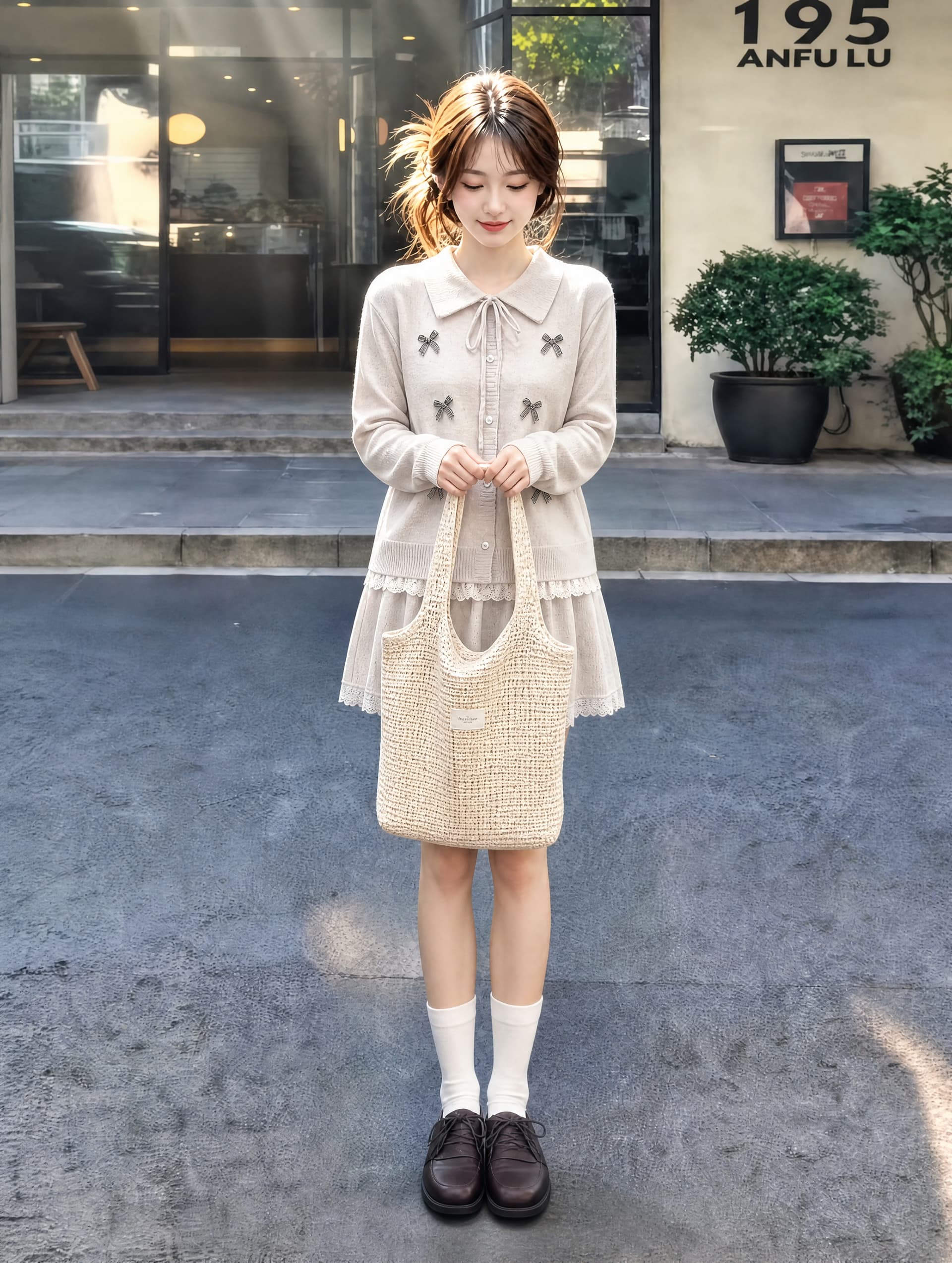 새로운 한 부서 쇼트 스타일 나비 매듭 레이스 레이스 긴팔 폴로 칼라 스웨터 오픈 가디건 반신 스커트 투피스 세트 이미지 3