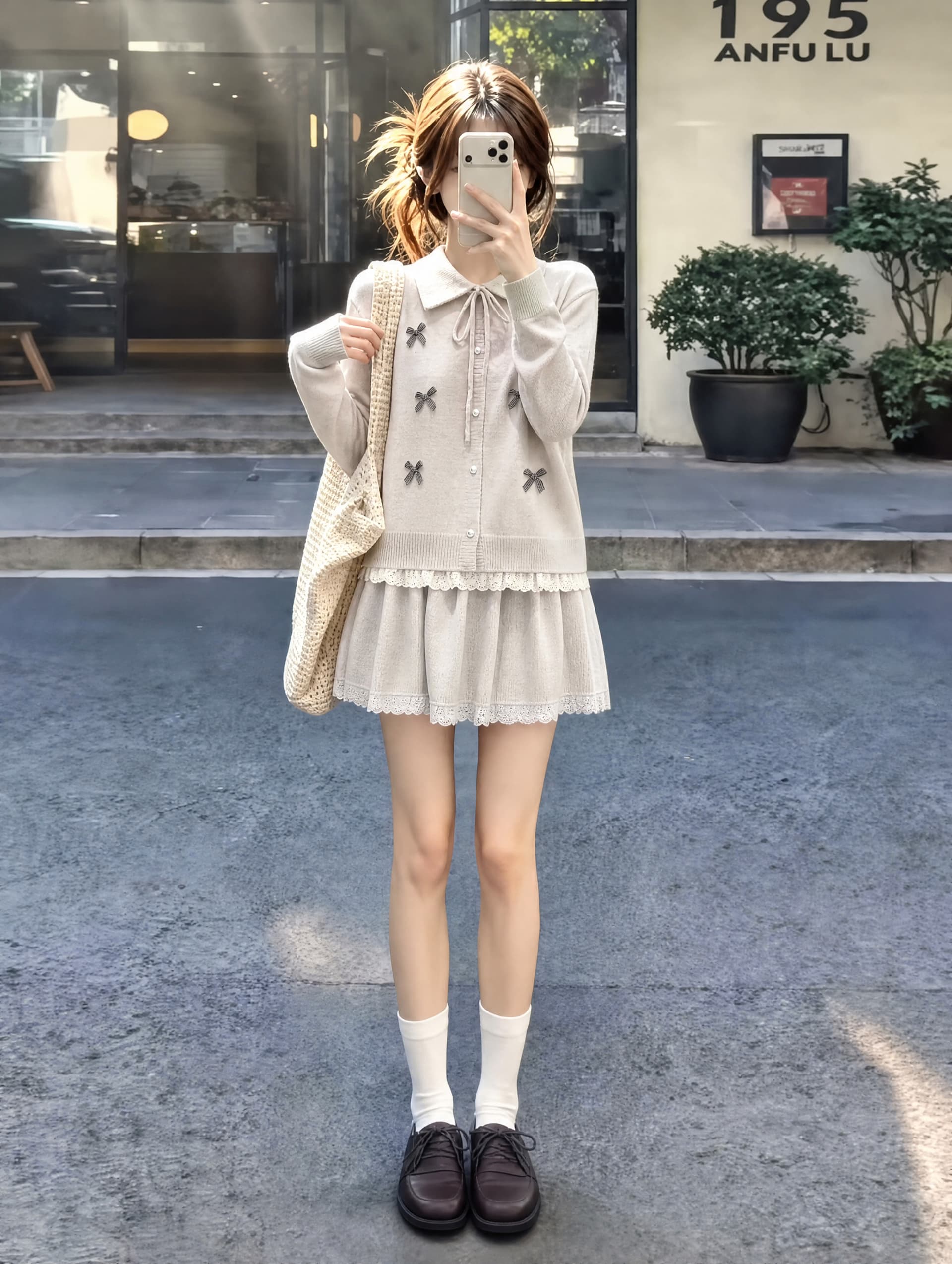 새로운 한 부서 쇼트 스타일 나비 매듭 레이스 레이스 긴팔 폴로 칼라 스웨터 오픈 가디건 반신 스커트 투피스 세트 상세 이미지 3