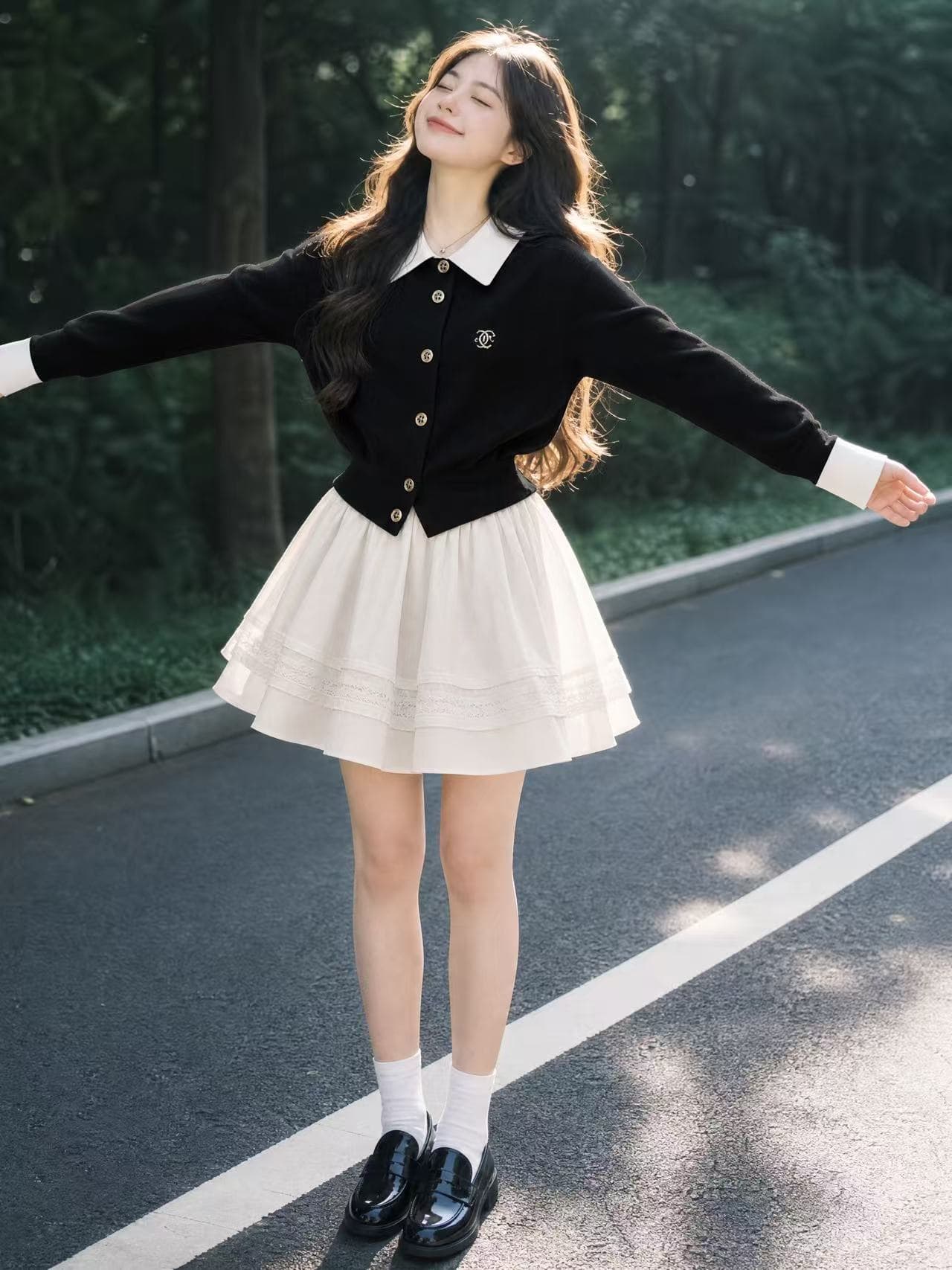 학원 스타일 이른 가을 착용 가져 가라. 전체 집합 배색 패치워크 페이크 레이어드 오픈 가디건 스웨터 플리츠 반신 치마 투피스 세트 이미지 4