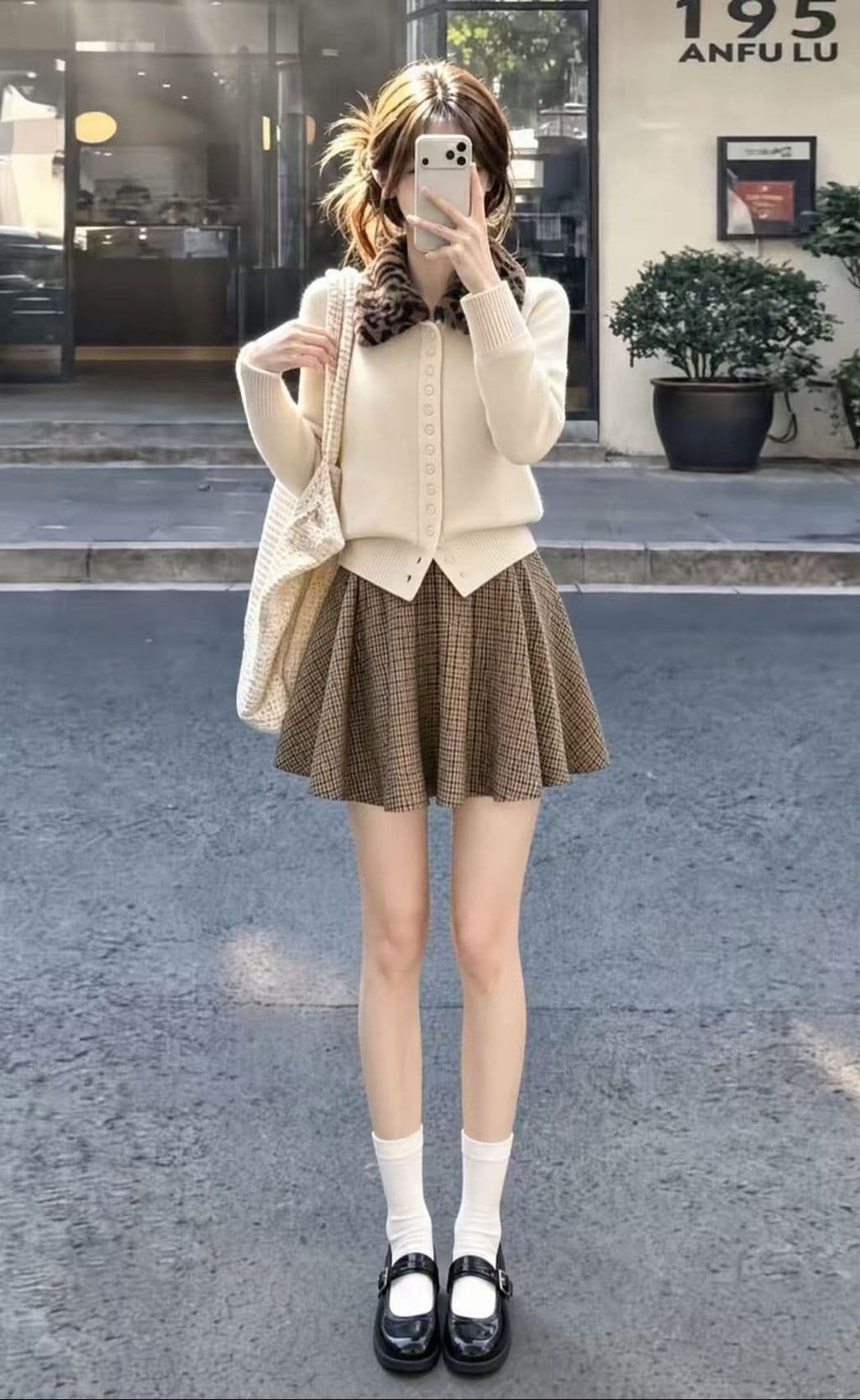 레오파드 무늬 폴로 칼라 긴팔 스웨터 여자 가을 겨울 느긋한 고급 센스 니트 오픈 가디건 맨위 체크무늬 반신 스커트 투피스 세트 상세 이미지 1