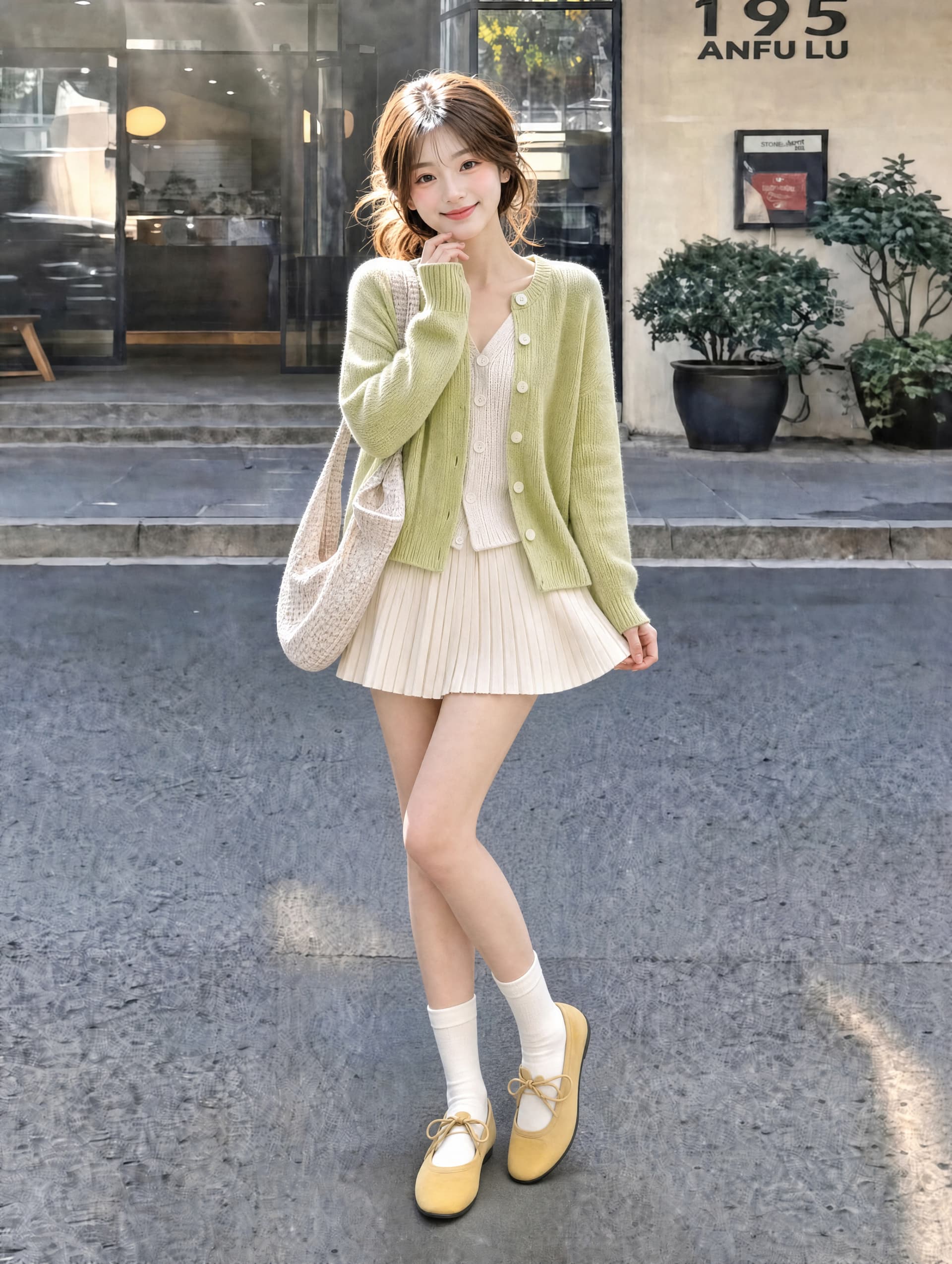 박하 남자 웨이브 녹색 페이크 레이어드 스웨터 여성 코트 가을 겨울 한 부서 부드러운 니트 오픈 가디건 반신 치마 세트 이미지 2