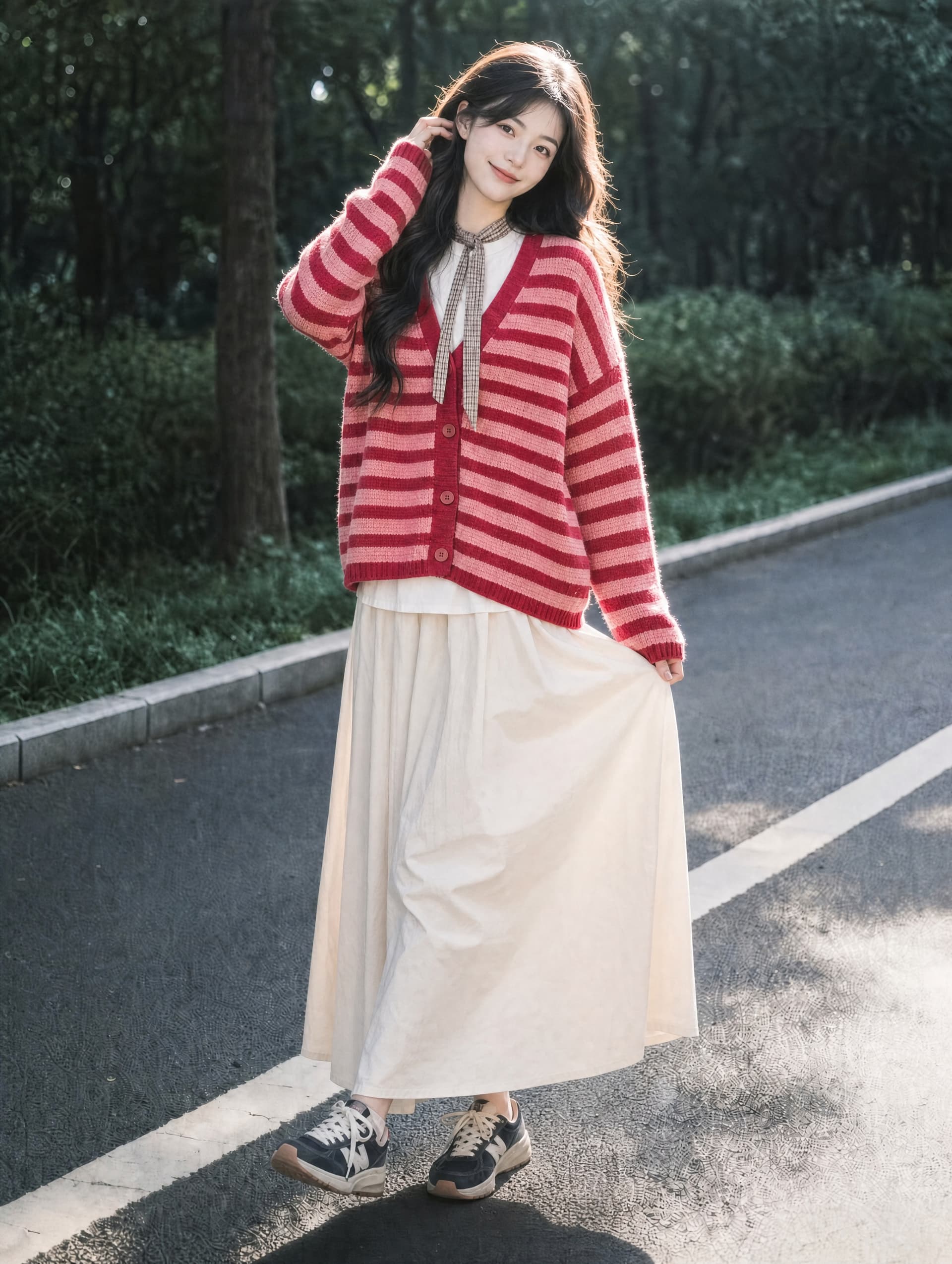 배색 스트라이프 스웨터 여성 코트 가을 겨울 느긋한 바람 오픈 가디건 루즈핏 슬림해 보이는 니트 스웨터 반신 스커트 투피스 세트 상세 이미지 2