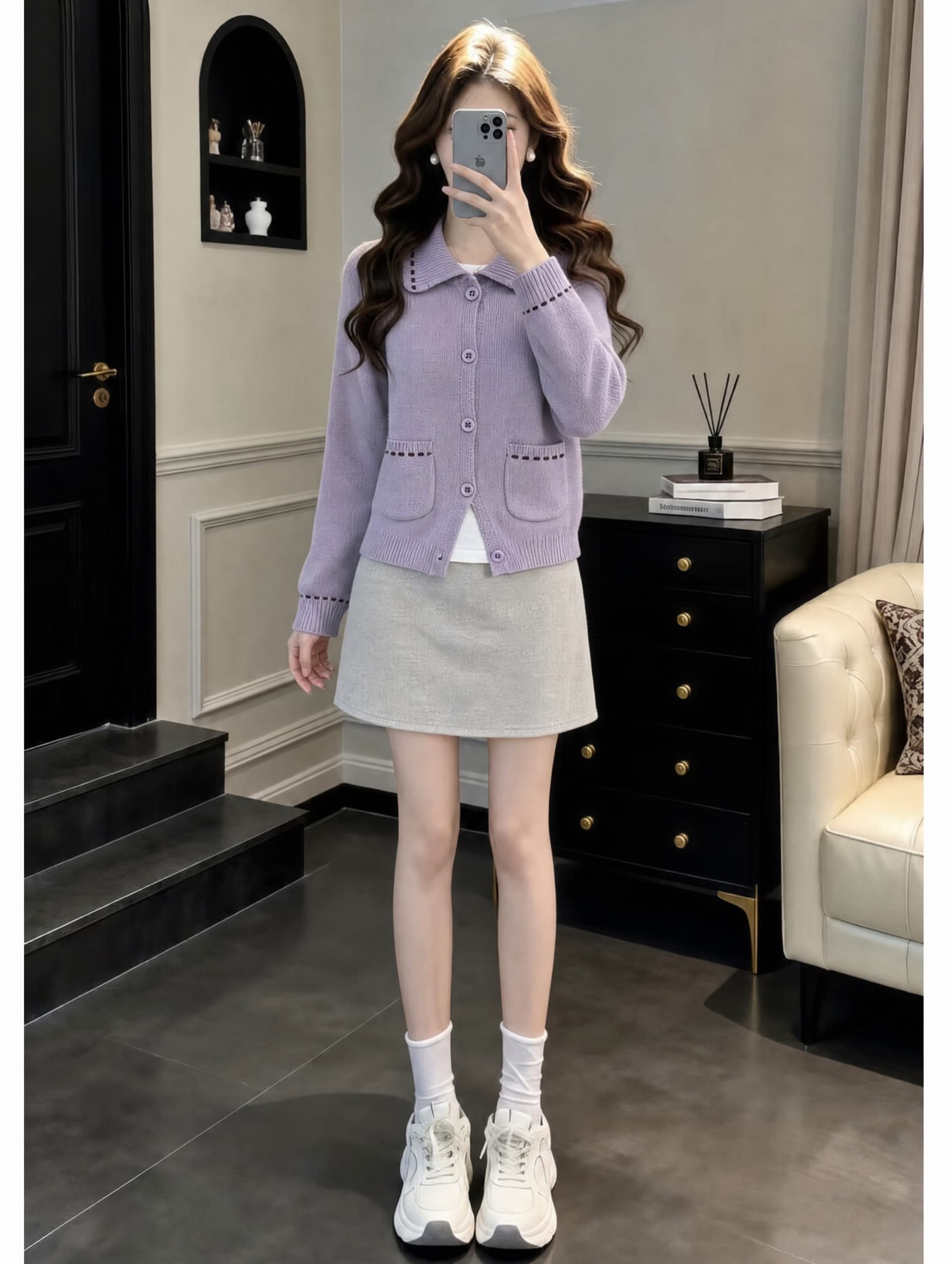 한 부서 느긋한 바람 폴로 칼라 배색 스웨터 여성 코트 가을 겨울 니트 스웨터 오픈 가디건 맨위 반신 스커트 투피스 세트 이미지 4