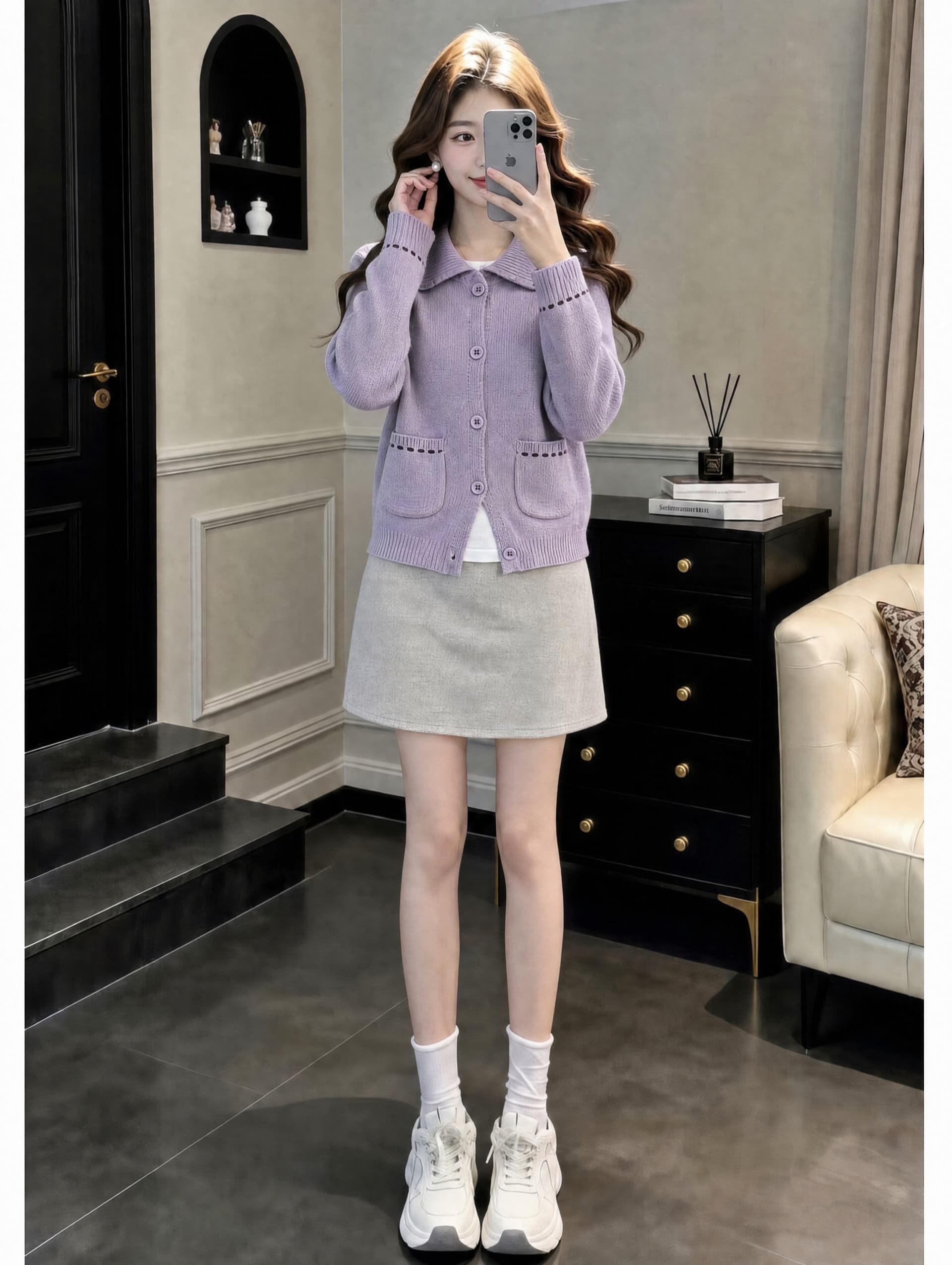 한 부서 느긋한 바람 폴로 칼라 배색 스웨터 여성 코트 가을 겨울 니트 스웨터 오픈 가디건 맨위 반신 스커트 투피스 세트 상세 이미지 3