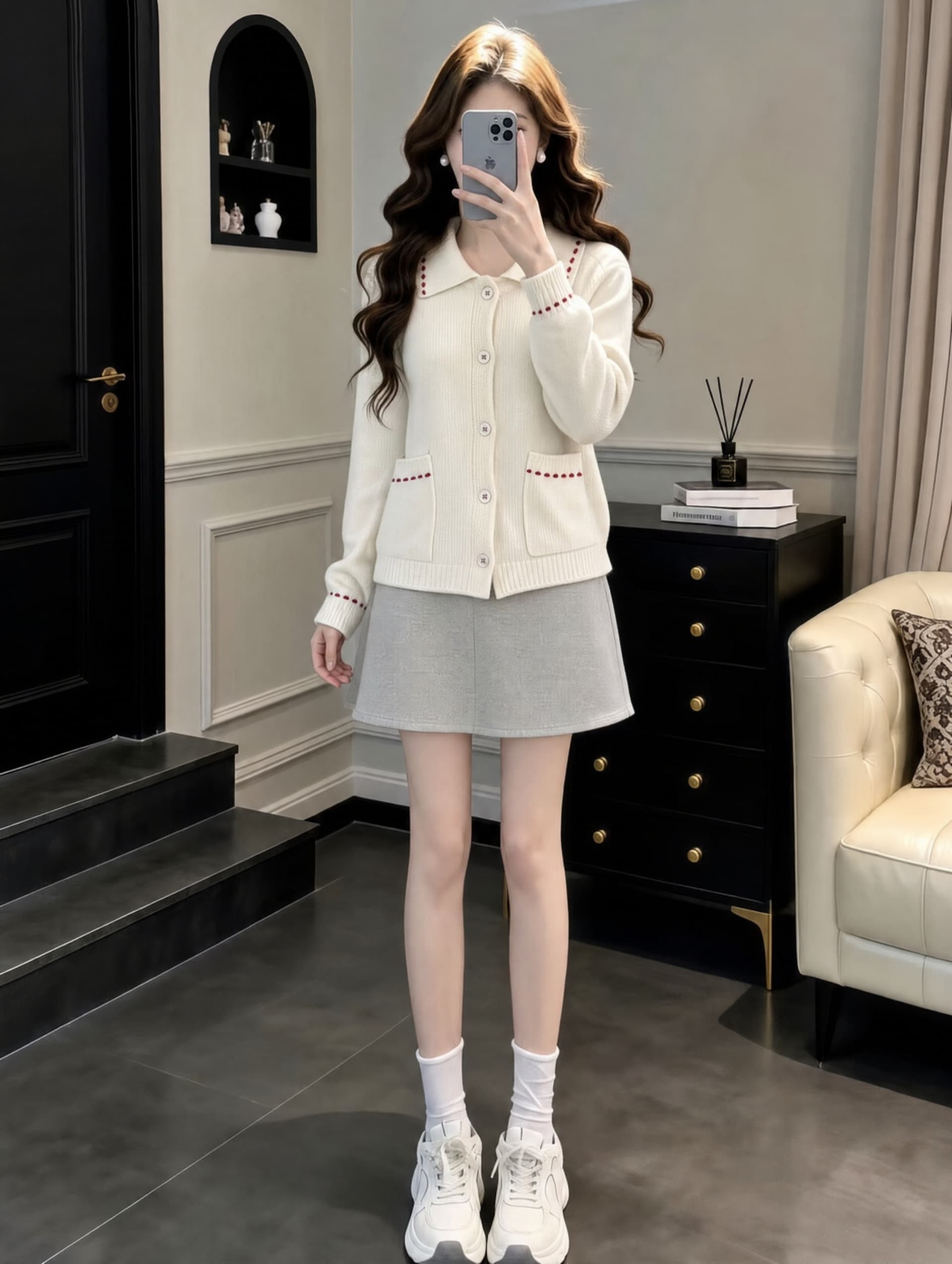 한 부서 느긋한 바람 폴로 칼라 배색 스웨터 여성 코트 가을 겨울 니트 스웨터 오픈 가디건 맨위 반신 스커트 투피스 세트