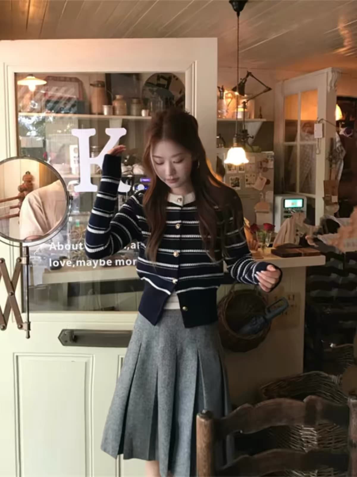 한 부서 스트라이프 오픈 가디건 스웨터 여성 코트 가을 겨울 작은 샤넬 스타일 느긋한 바람 니트 스웨터 맨위 반신 스커트 투피스 세트