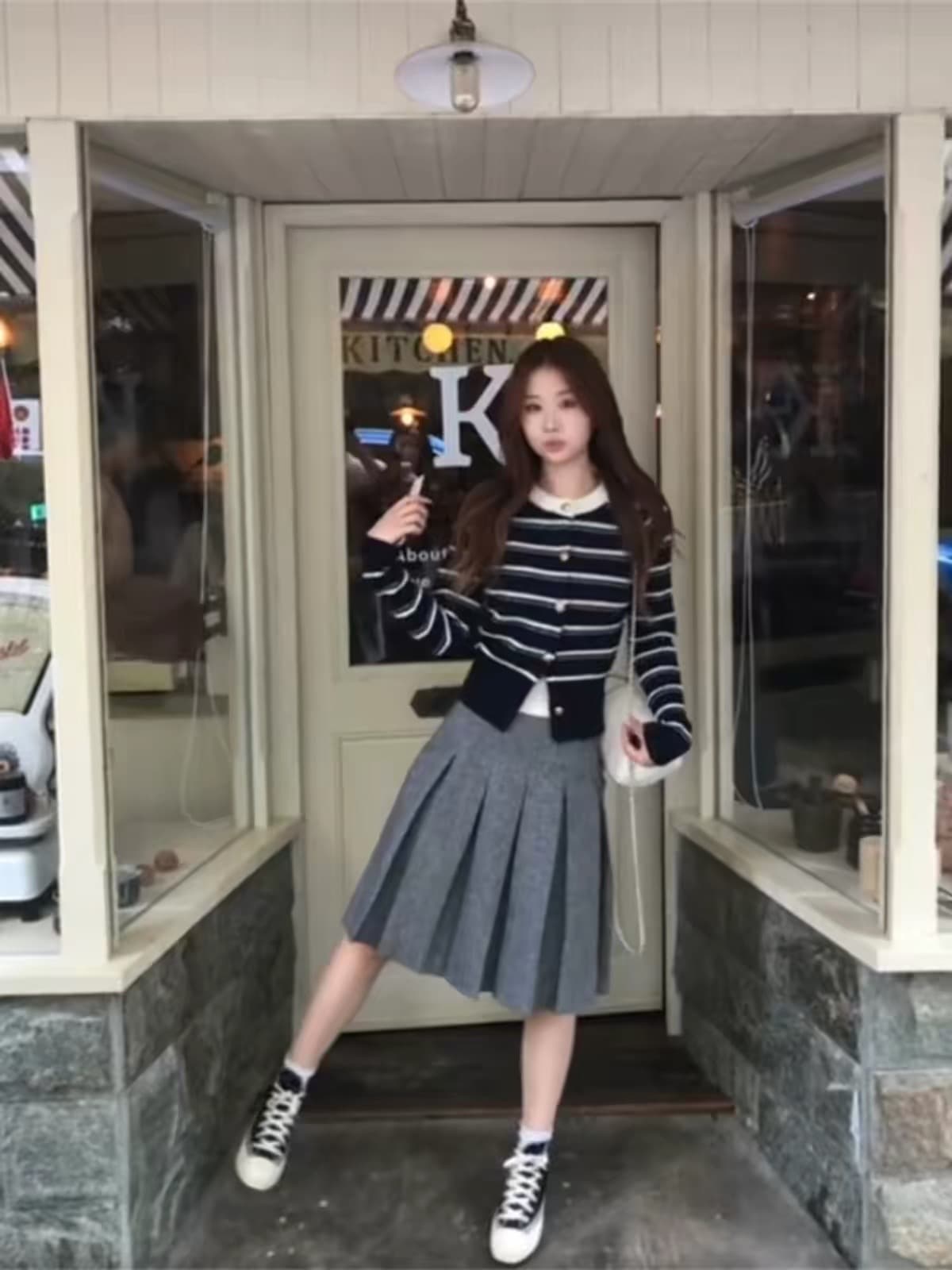 한 부서 스트라이프 오픈 가디건 스웨터 여성 코트 가을 겨울 작은 샤넬 스타일 느긋한 바람 니트 스웨터 맨위 반신 스커트 투피스 세트 상세 이미지 3