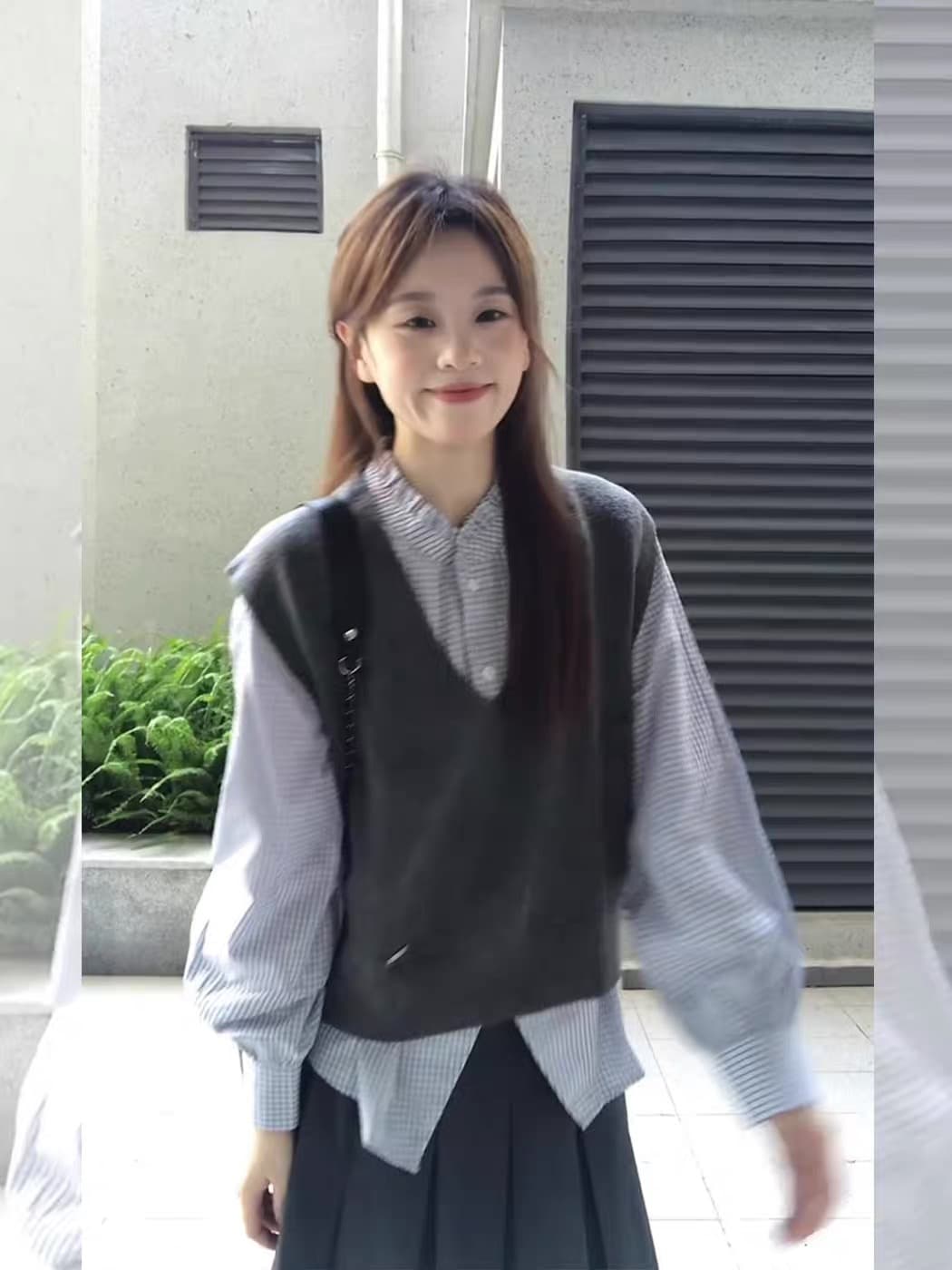 한 부서 학원 스타일 세트 여성 2026 가을 새로운 니트 베스트 격자 무늬 셔츠 플리츠 롱 스커트 3종 세트 상세 이미지 1