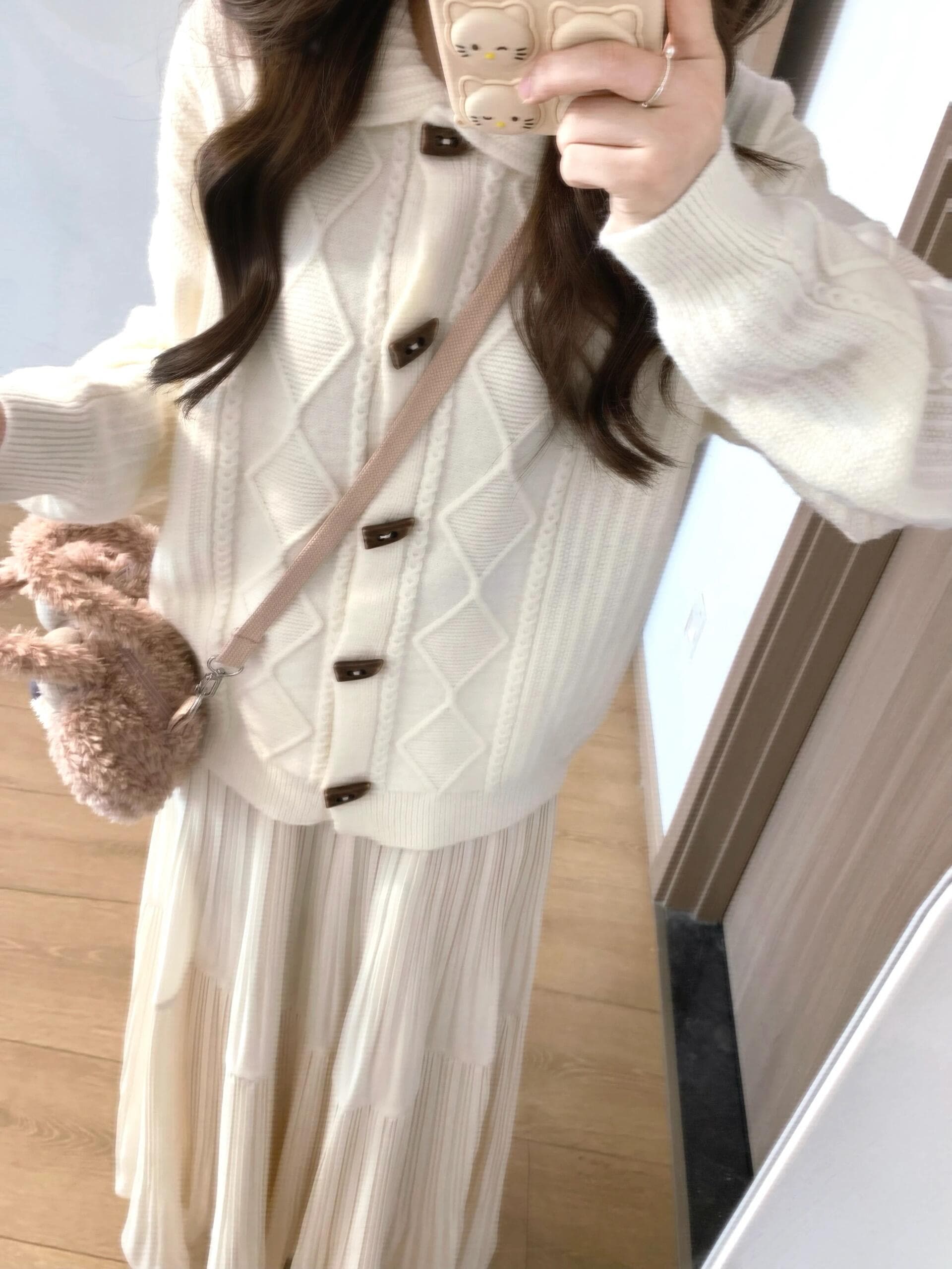 폴로 칼라 꽈배기 스웨터 느슨함 센스 스택 착용 캐주얼 모직물 맨위 반신 스커트 투피스 세트 세트 이미지 4