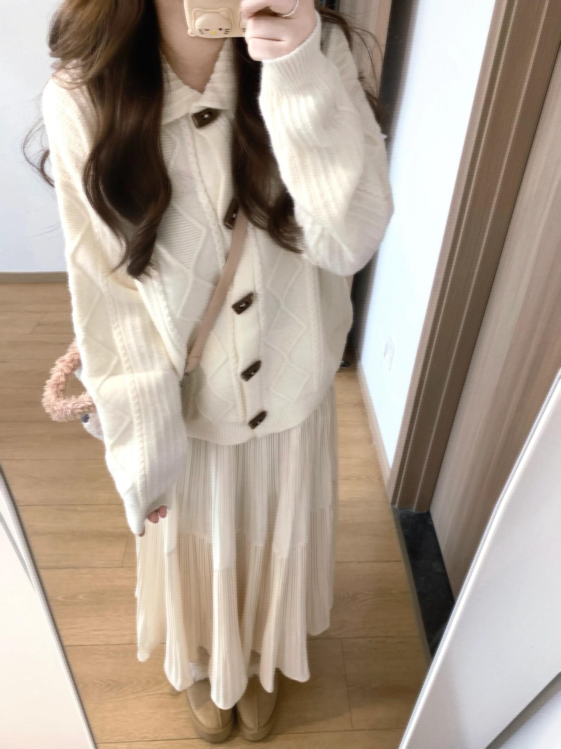 폴로 칼라 꽈배기 스웨터 느슨함 센스 스택 착용 캐주얼 모직물 맨위 반신 스커트 투피스 세트 세트 이미지 3