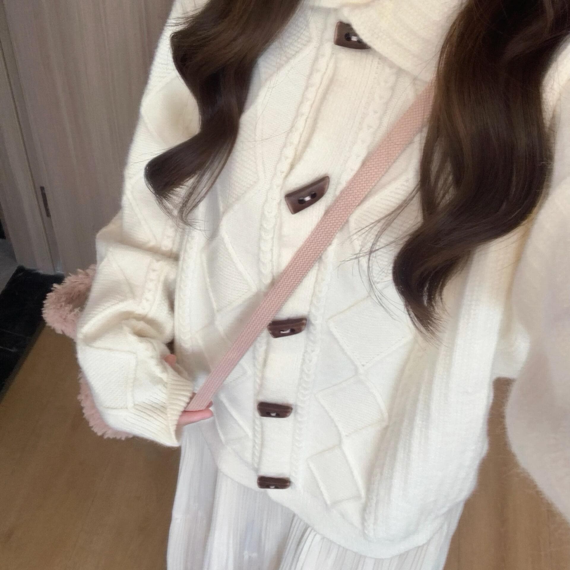 폴로 칼라 꽈배기 스웨터 느슨함 센스 스택 착용 캐주얼 모직물 맨위 반신 스커트 투피스 세트 세트 이미지 5