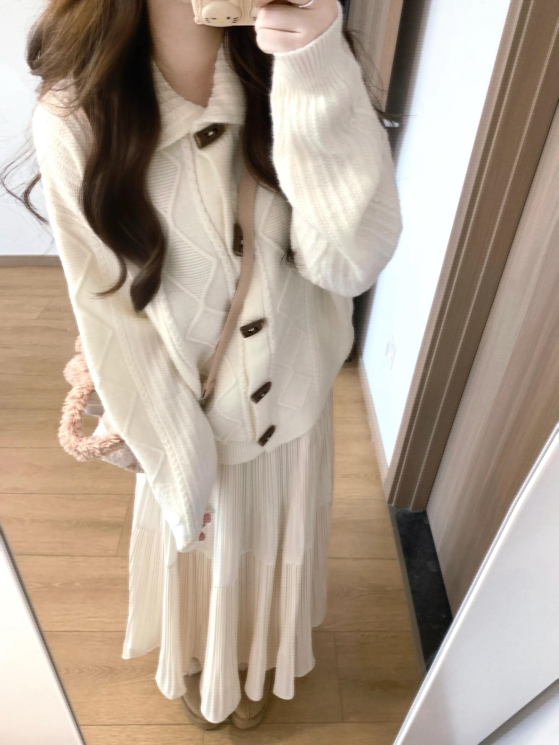 폴로 칼라 꽈배기 스웨터 느슨함 센스 스택 착용 캐주얼 모직물 맨위 반신 스커트 투피스 세트 세트 상세 이미지 1