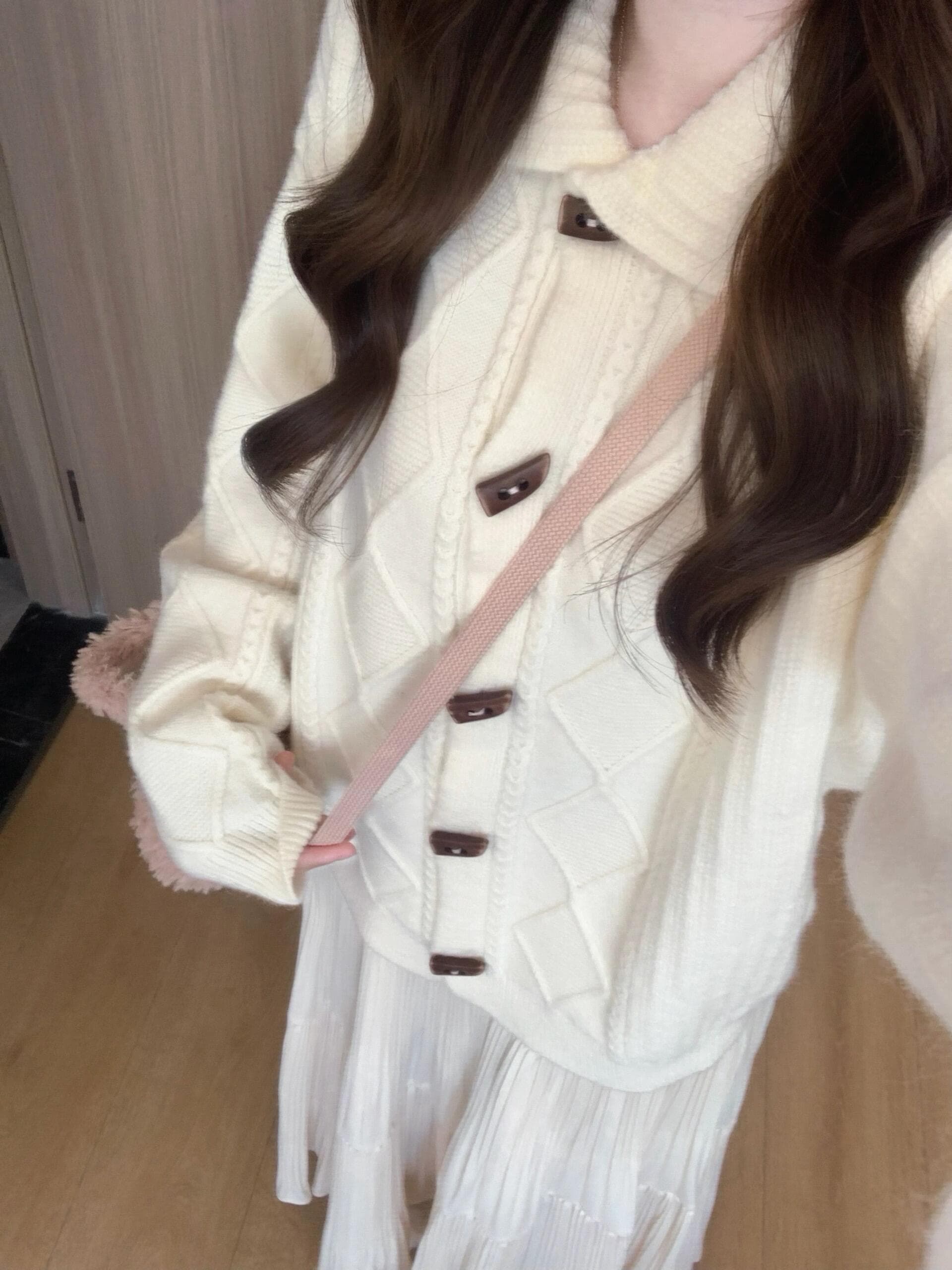 폴로 칼라 꽈배기 스웨터 느슨함 센스 스택 착용 캐주얼 모직물 맨위 반신 스커트 투피스 세트 세트 상세 이미지 2