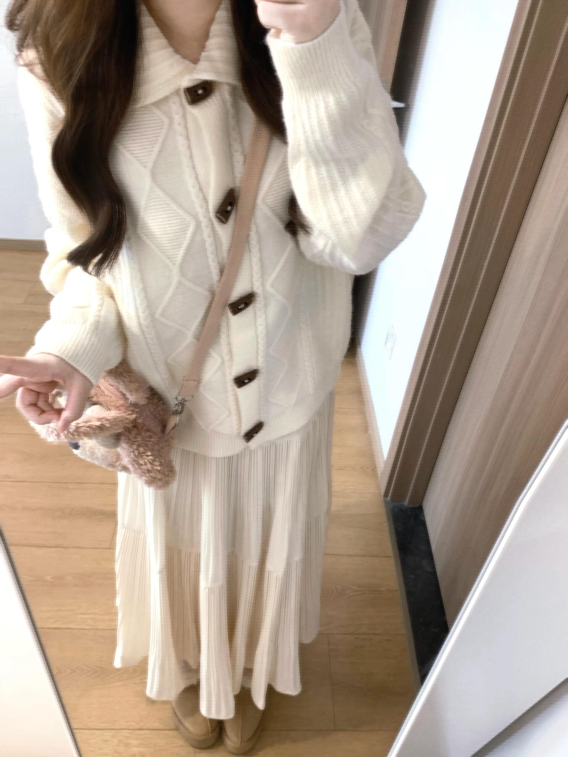 폴로 칼라 꽈배기 스웨터 느슨함 센스 스택 착용 캐주얼 모직물 맨위 반신 스커트 투피스 세트 세트 상세 이미지 5
