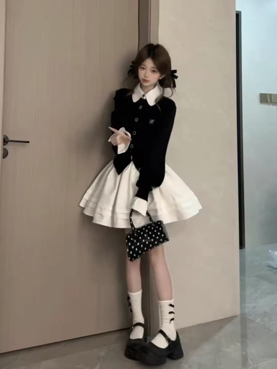 한 부서 학원 스타일 배색 페이크 레이어드 여성 드레스 봄 가을 자이언트 잘 생긴 플리츠 치마 착용 가져 가라. 에이즈 환자 세트 이미지 3