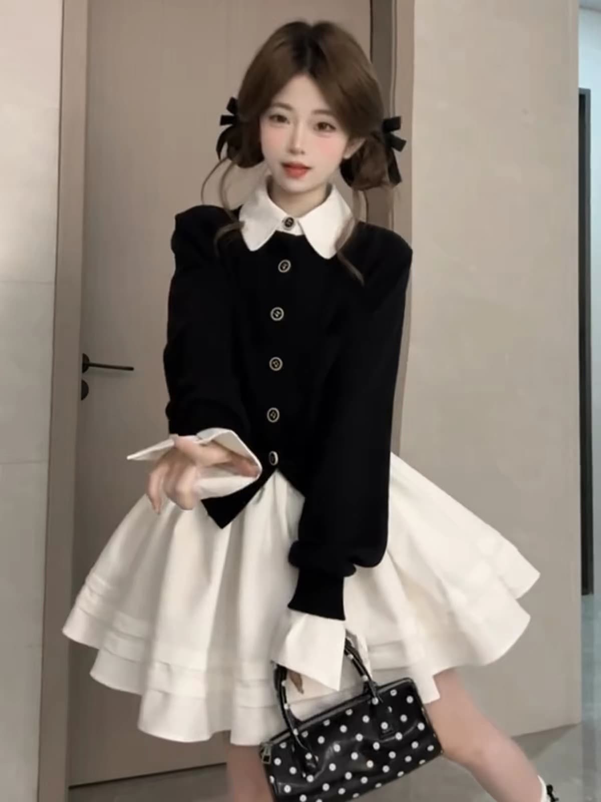 한 부서 학원 스타일 배색 페이크 레이어드 여성 드레스 봄 가을 자이언트 잘 생긴 플리츠 치마 착용 가져 가라. 에이즈 환자 세트 상세 이미지 2