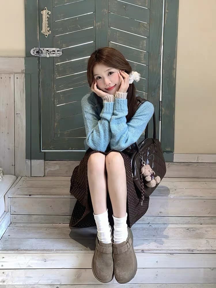 한 부서 분위기 센스 도파민 파란색 페이크 레이어드 니트 오픈 가디건 여성 긴 소매 스웨터 코트 반신 스커트 투피스 세트 상세 이미지 3
