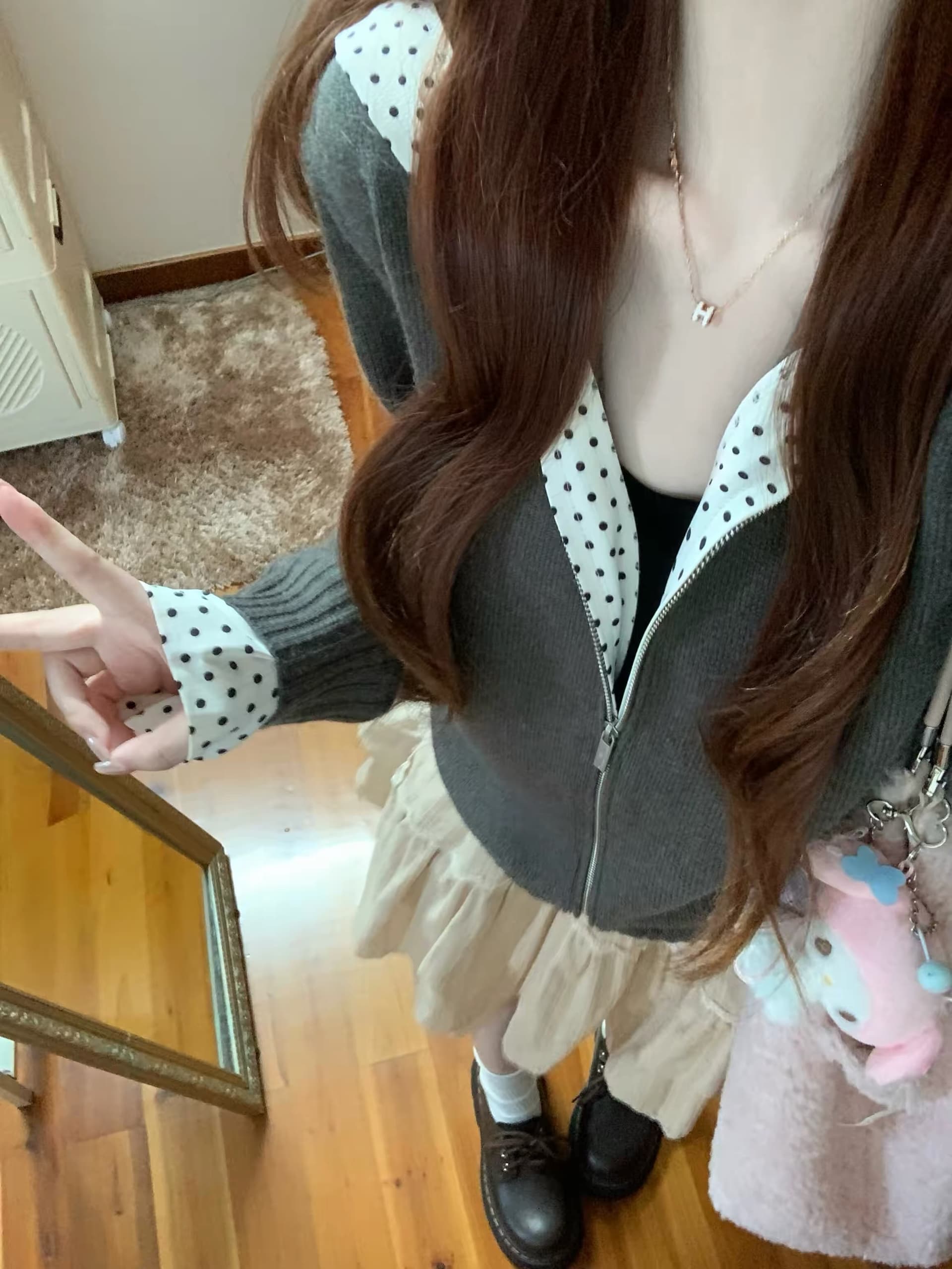 한 부서 도트 무늬 배색 후드티 후드 스웨터 오픈 가디건 여성 이른 가을 지퍼 니트 재킷 반신 스커트 투피스 세트 상세 이미지 2