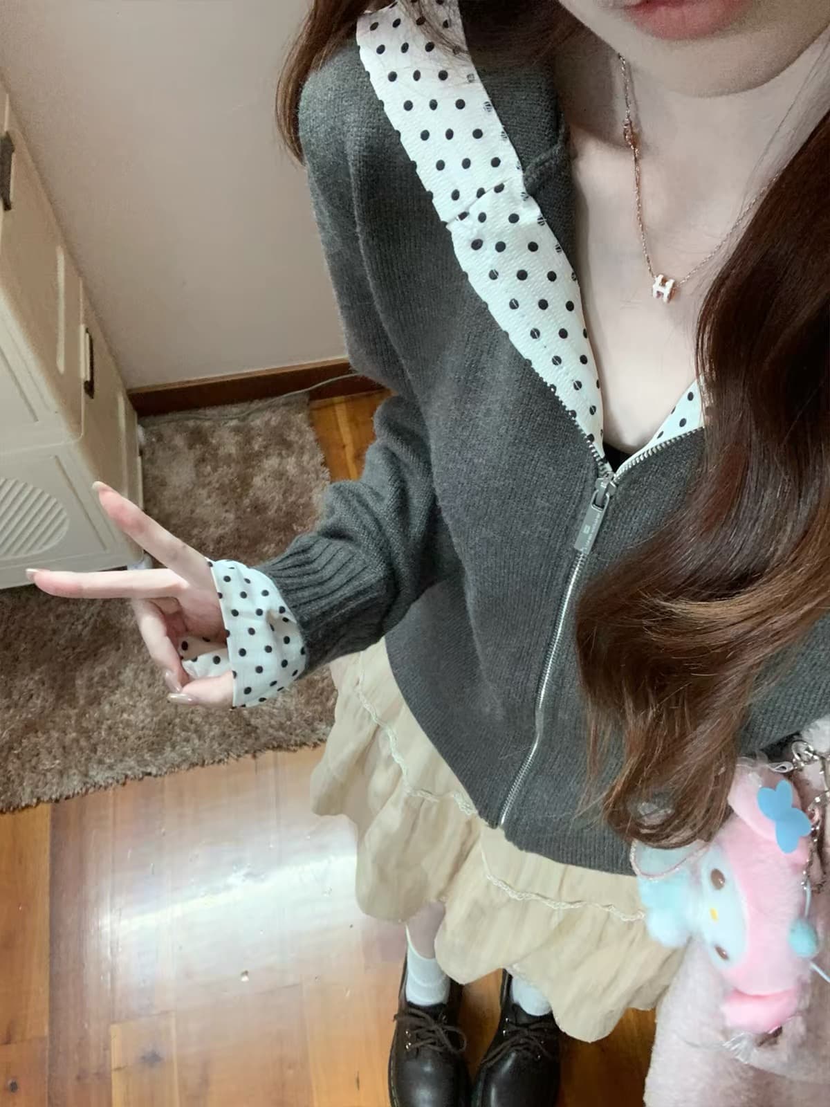 한 부서 도트 무늬 배색 후드티 후드 스웨터 오픈 가디건 여성 이른 가을 지퍼 니트 재킷 반신 스커트 투피스 세트 상세 이미지 3