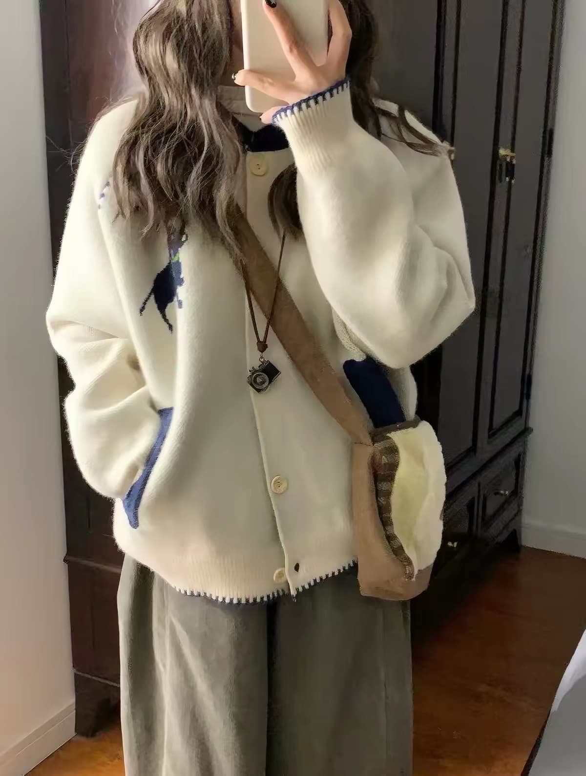 두꺼운 에디션 느긋한 바람 배색 싱글 줄 버튼 스웨터 오픈 가디건 여성 가을 의상 새로운 한국 스타일 루즈핏 니트 재킷 트렌디 상세 이미지 2