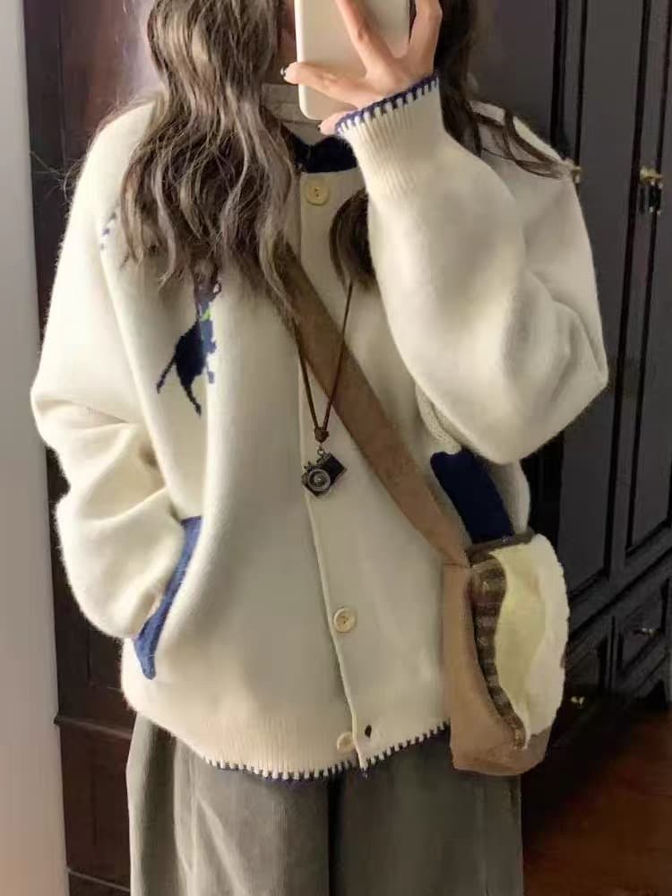 두꺼운 에디션 느긋한 바람 배색 싱글 줄 버튼 스웨터 오픈 가디건 여성 가을 의상 새로운 한국 스타일 루즈핏 니트 재킷 트렌디 상세 이미지 5