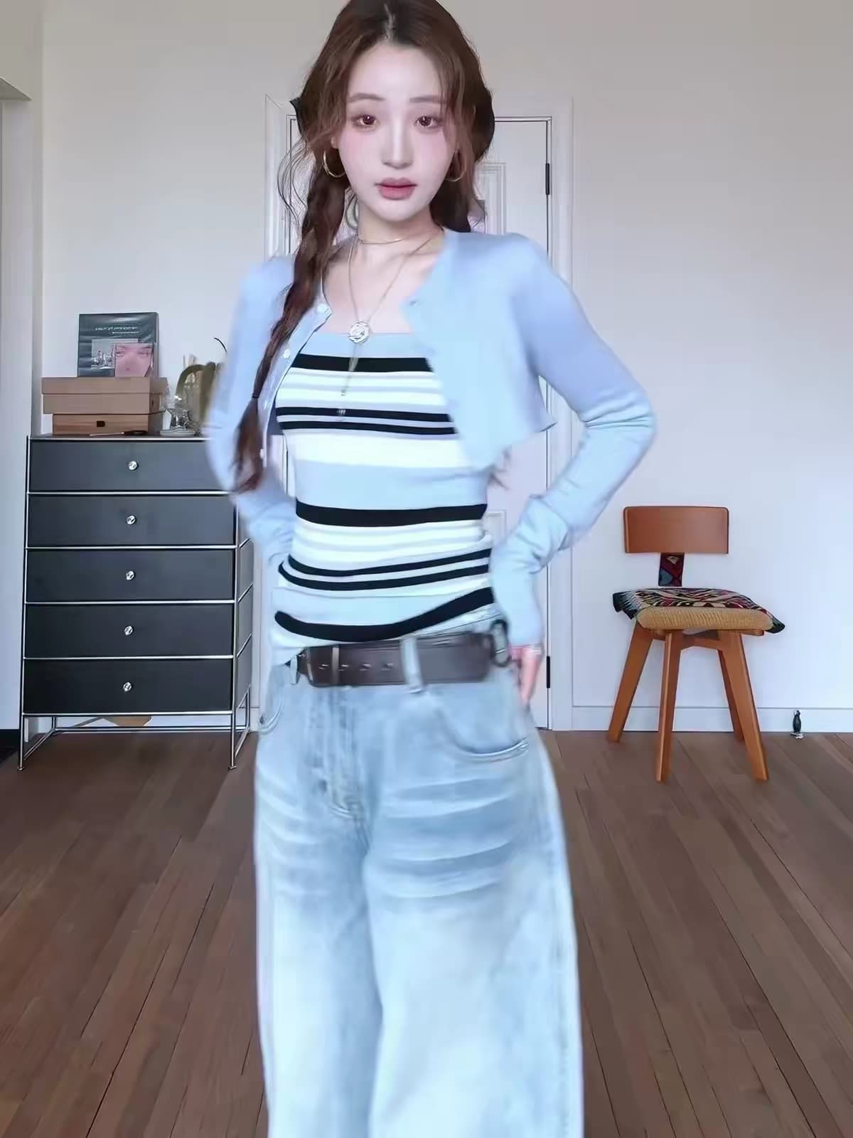 한 부서 이른 봄 디자인 캐주얼 세트 긍정적 인 어깨 어깨 긴팔 블라우스 인사이드 가져 가라. 스트라이프 니트 슬립 두 조각 여성 세트 이미지 4