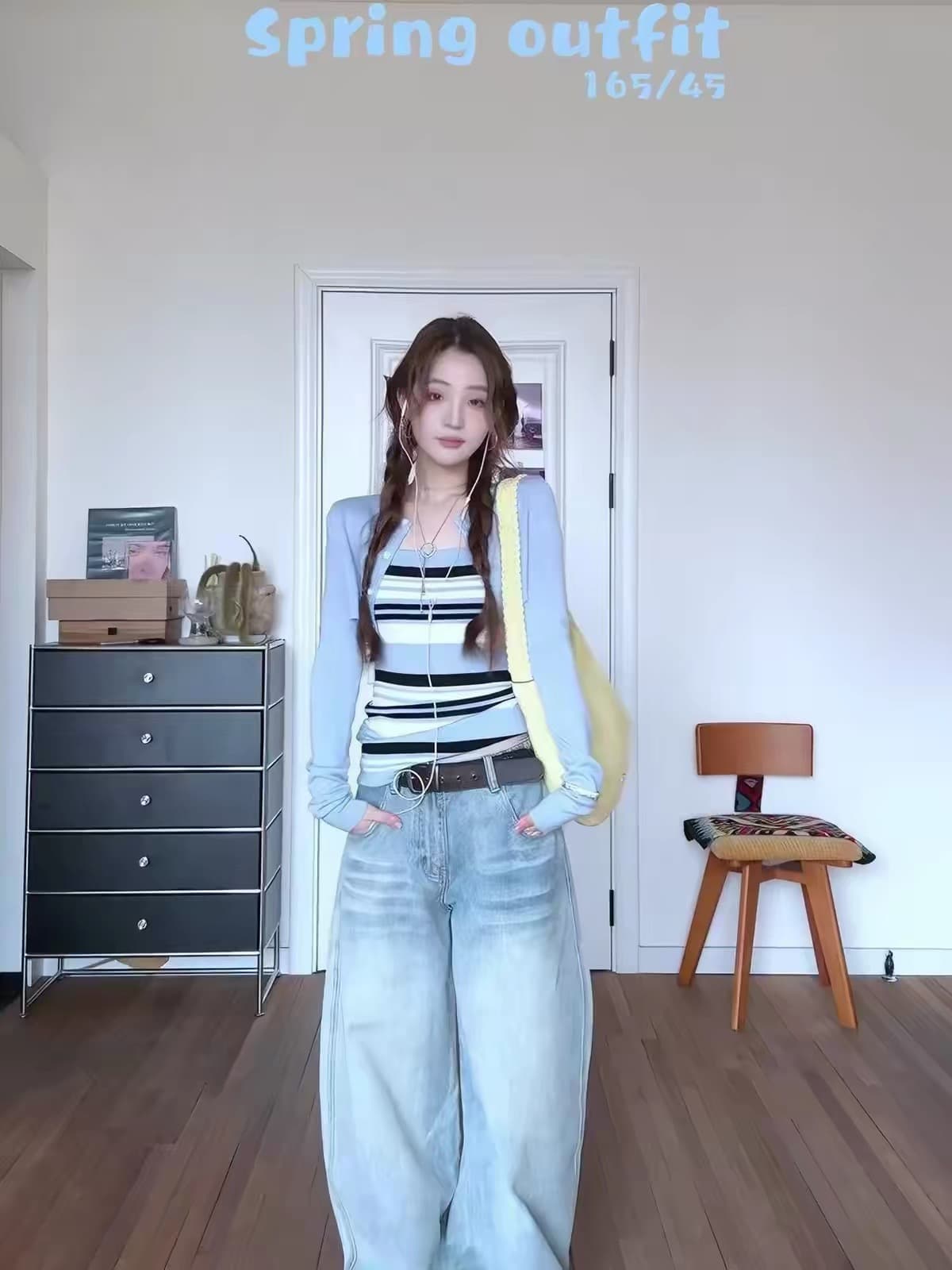 한 부서 이른 봄 디자인 캐주얼 세트 긍정적 인 어깨 어깨 긴팔 블라우스 인사이드 가져 가라. 스트라이프 니트 슬립 두 조각 여성 세트 이미지 2