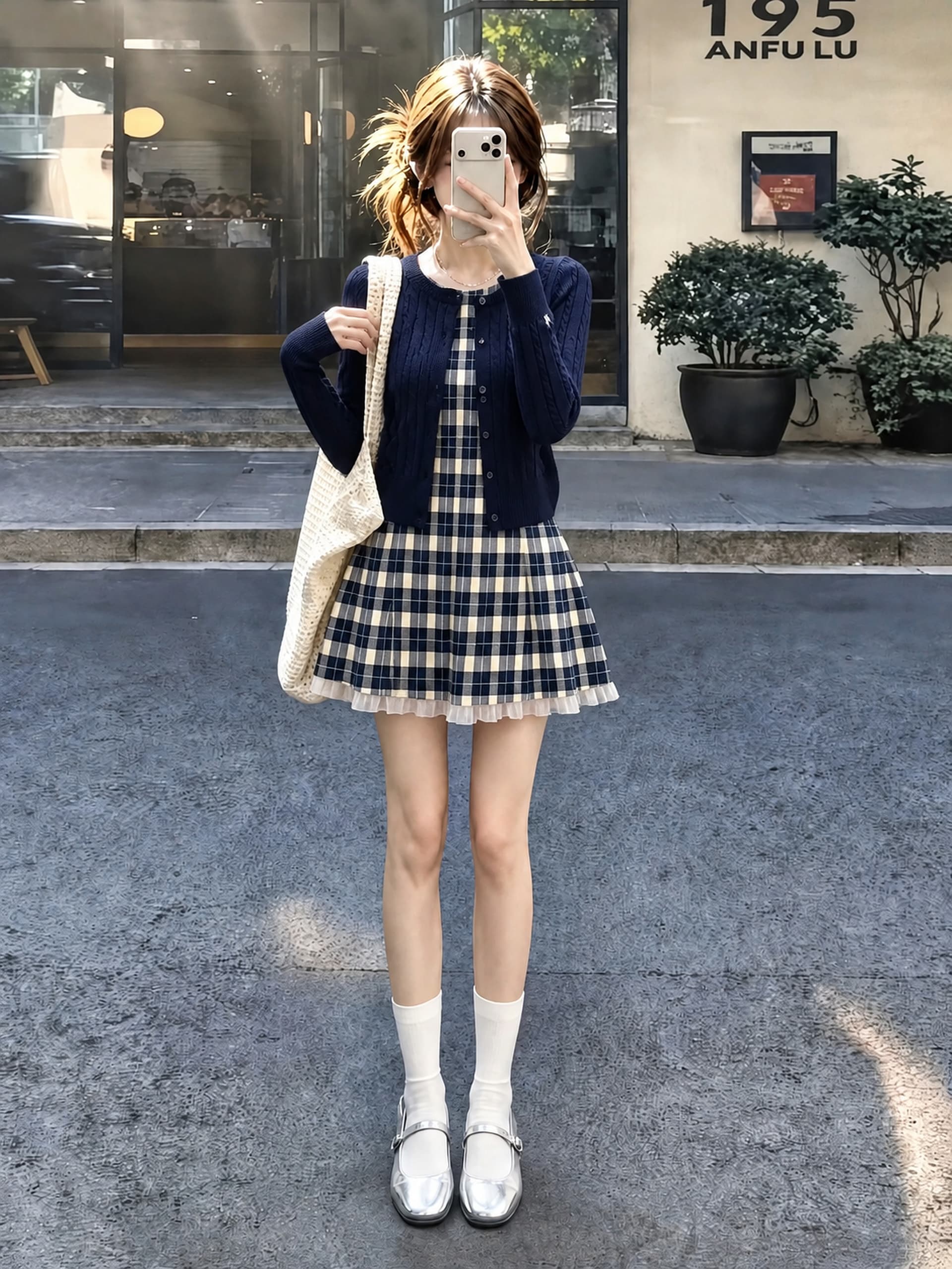 프랑스식 학원 스타일 레이스 체크무늬 민소매 여성 드레스 니트 스웨터 오픈 가디건 레트로 슬림해 보이는 몸매 가꾸기 투피스 세트