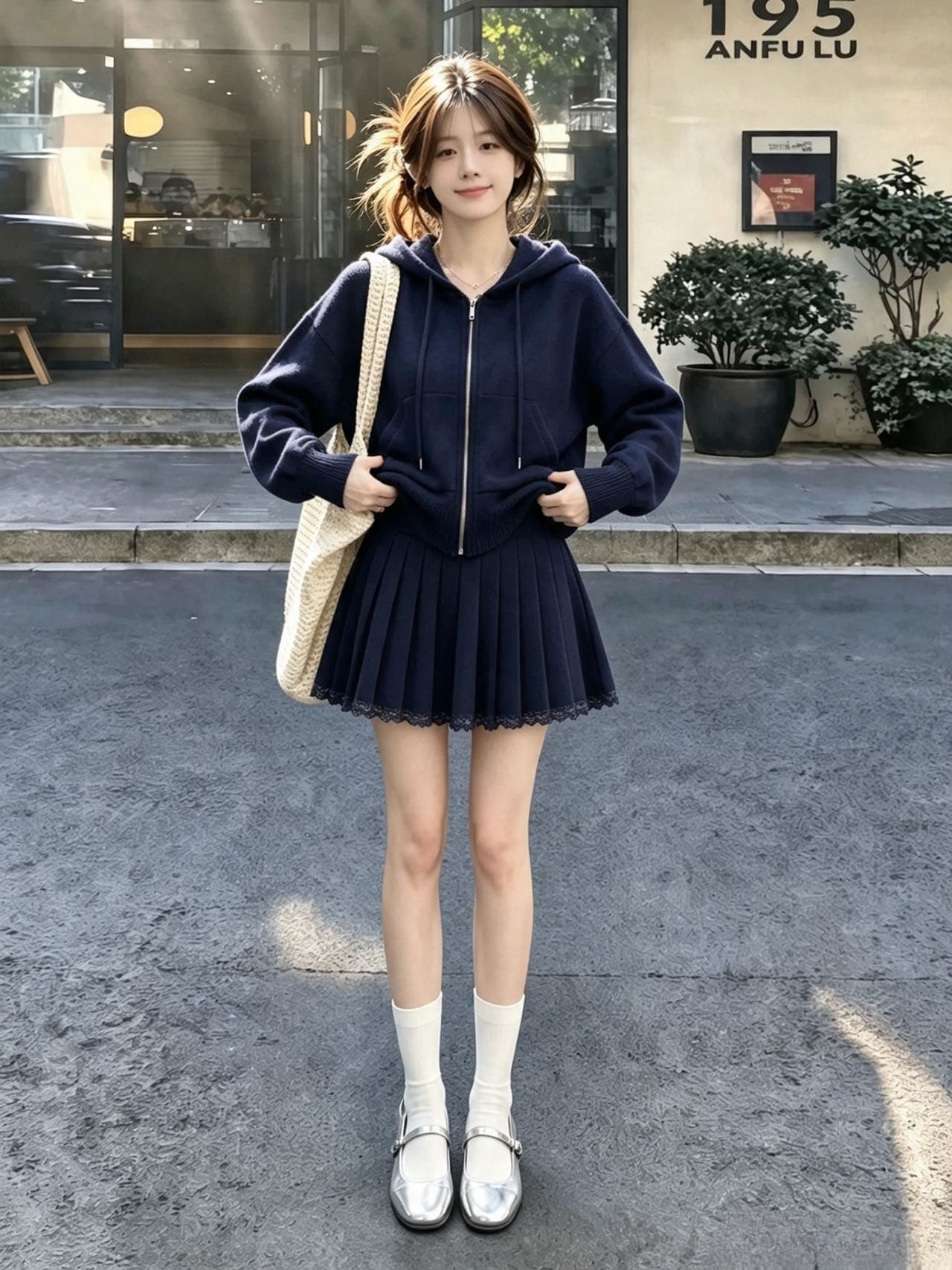 자이언트 잘 생긴 ~ 중 이른 가을 전체 집합 2026 단색 소금 부서 빛 요리 한 몸매 가꾸기 니트 재킷 A라인 스커트 두 조각 여성 세트 상세 이미지 2