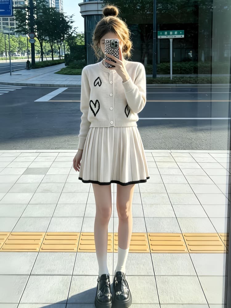 새로운 한 부서 전체 집합 ootd 착용 가져 가라. 부드러운 느긋한 바람 자이언트 잘 생긴 니트 오픈 가디건 미니 스커트 투피스 슈트 트렌디