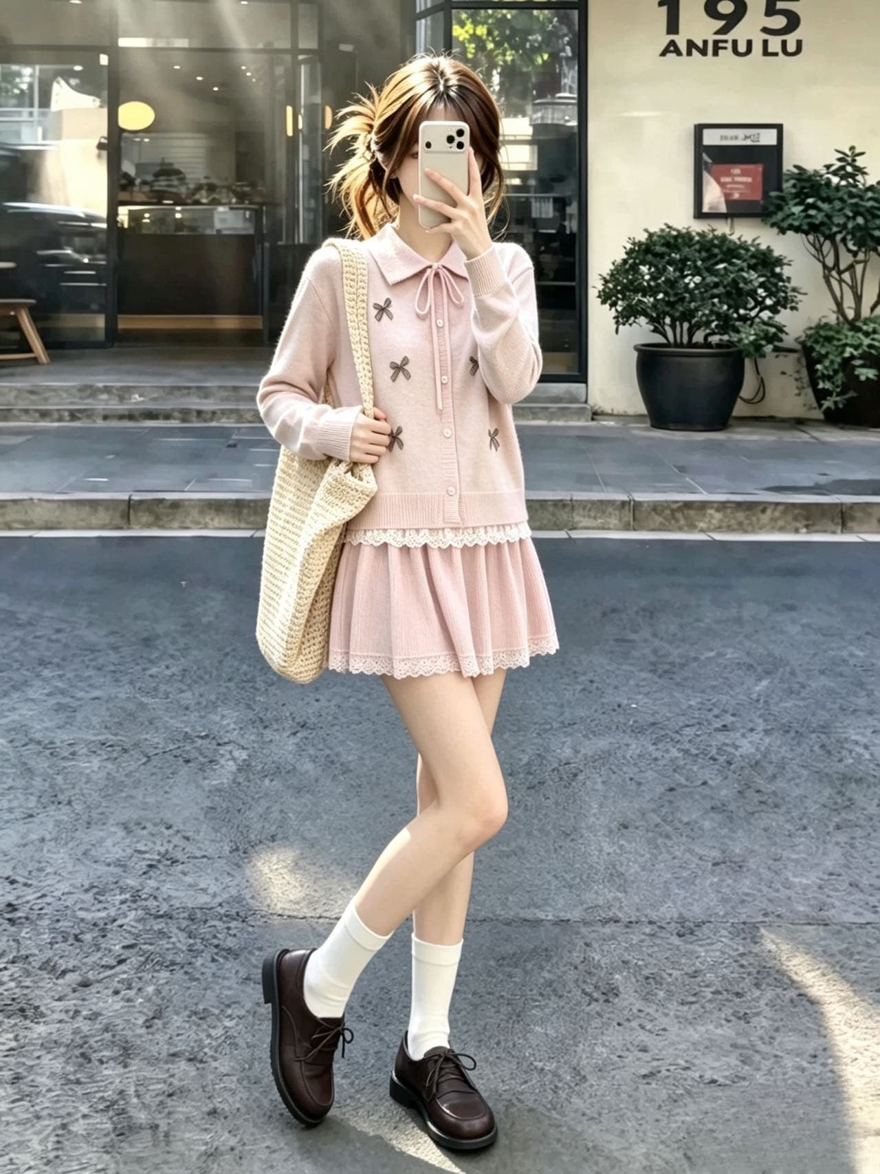 새로운 한 부서 쇼트 스타일 나비 매듭 레이스 레이스 긴팔 폴로 칼라 스웨터 오픈 가디건 반신 스커트 투피스 세트 이미지 2