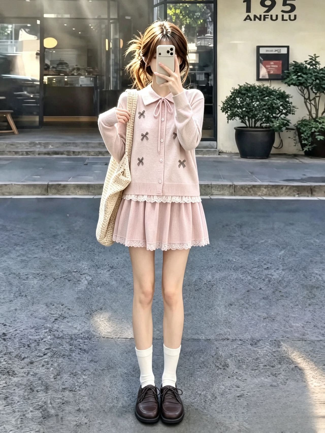 새로운 한 부서 쇼트 스타일 나비 매듭 레이스 레이스 긴팔 폴로 칼라 스웨터 오픈 가디건 반신 스커트 투피스 세트